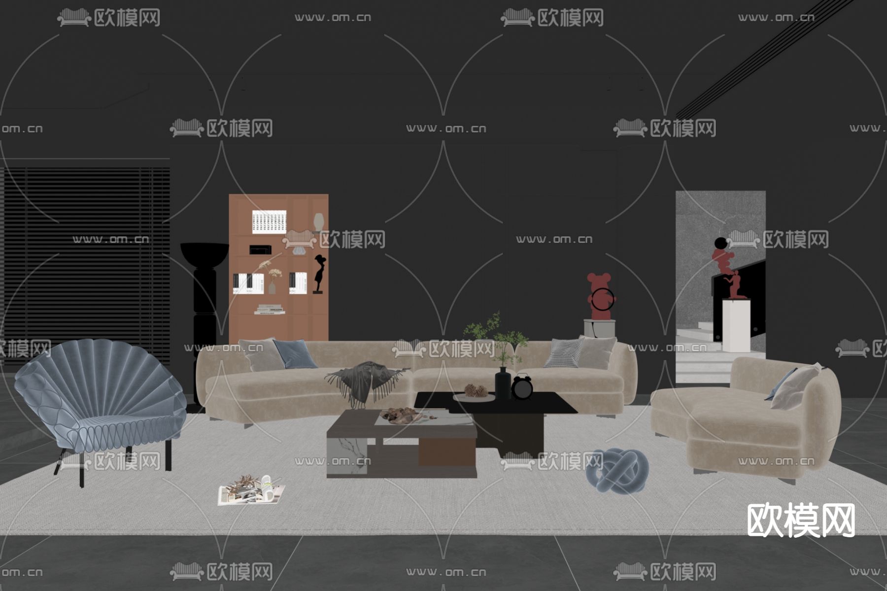 暗黑风客厅su模型下载（渲染图2）