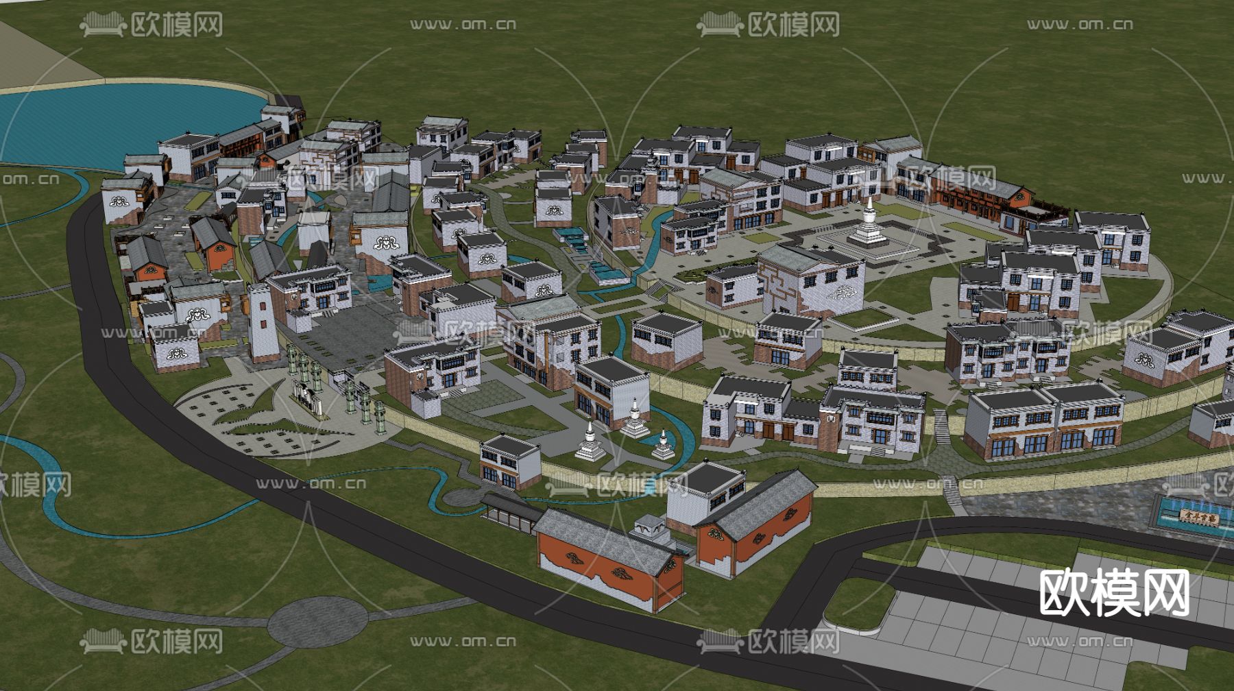 中式民宅 乡村鸟瞰su模型下载（渲染图3）