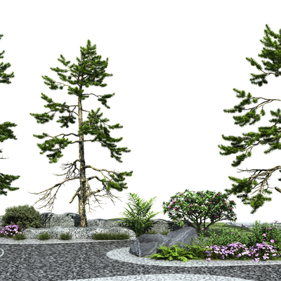  新中式松树 景观树 迎客松 石头狮柱su模型 