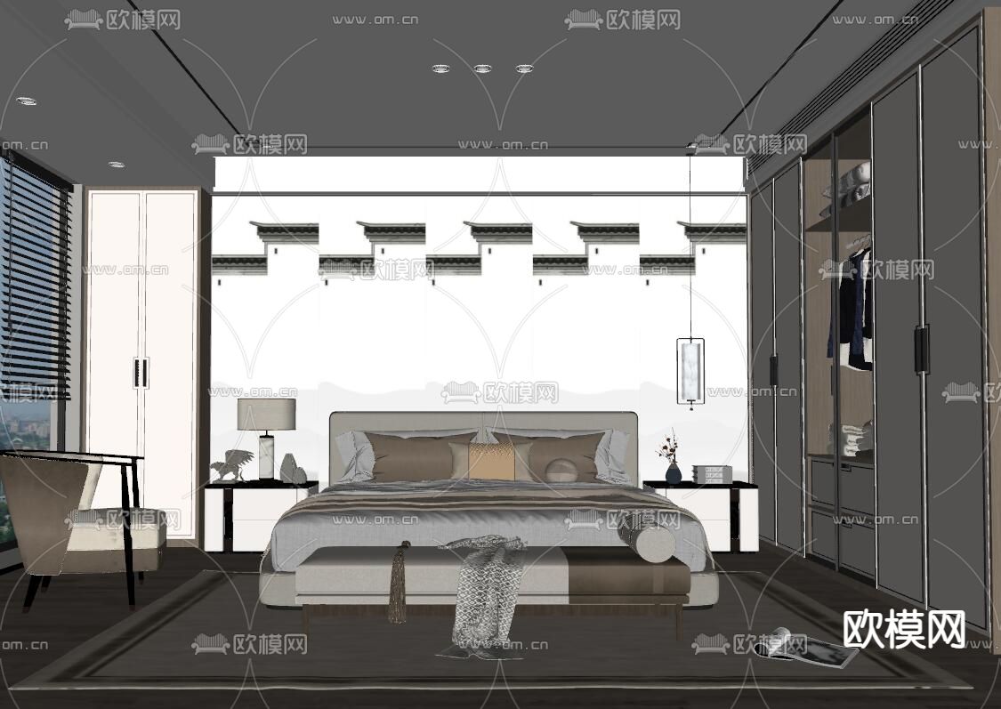 新中式卧室 主人房su模型下载（渲染图2）