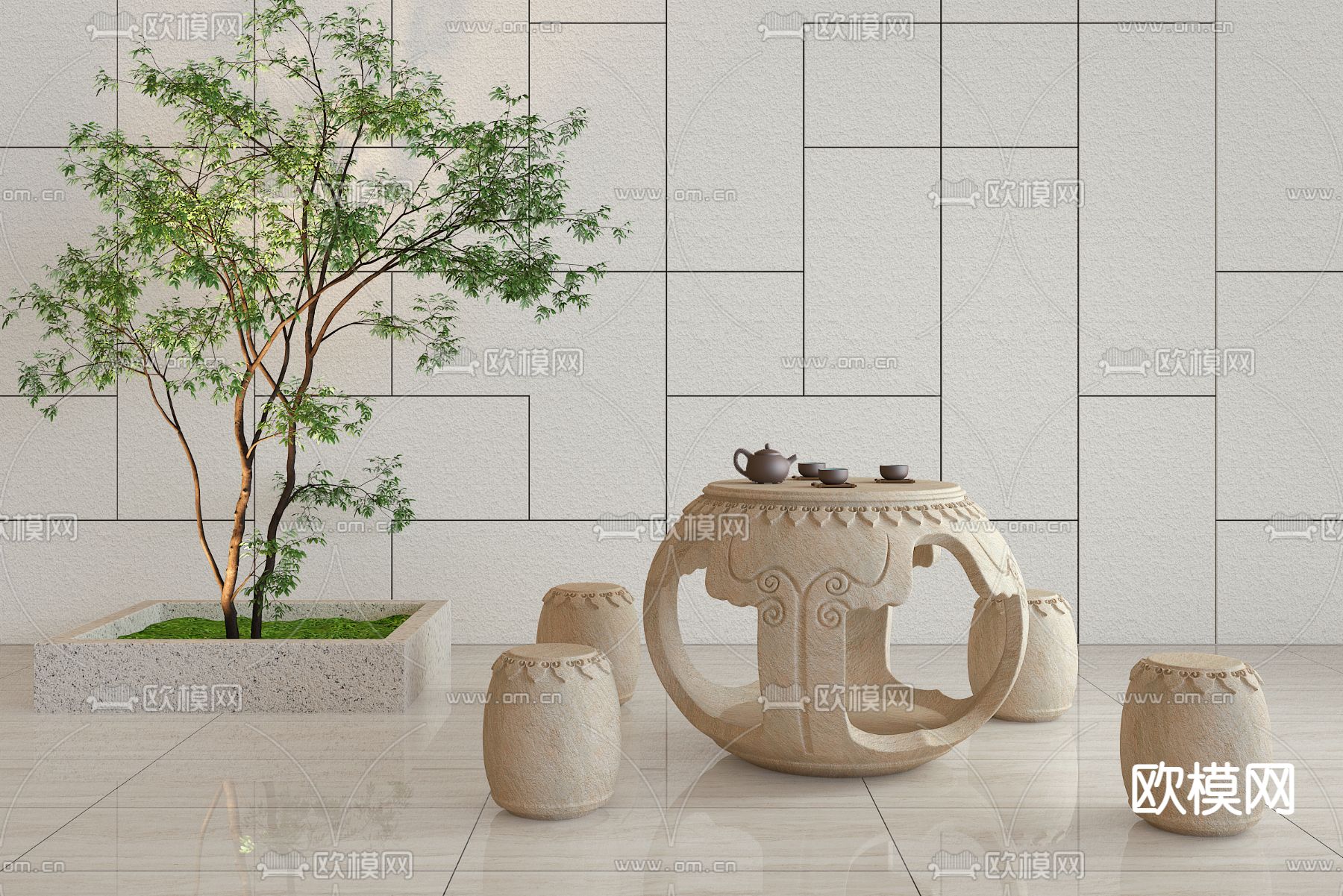 现代石桌 石凳 户外桌椅su模型下载（渲染图1）