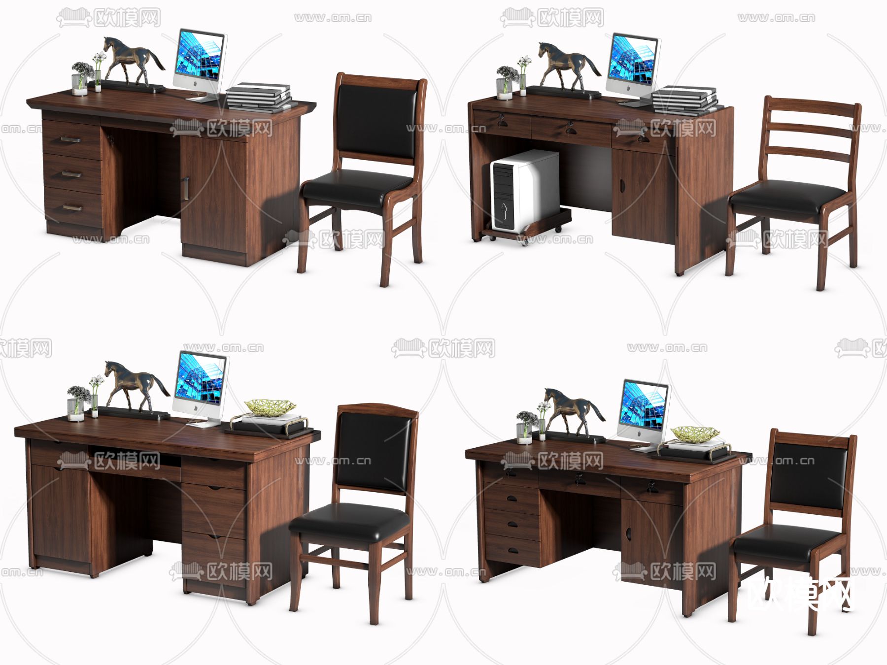 新中式办公桌椅 班台桌椅3d模型下载