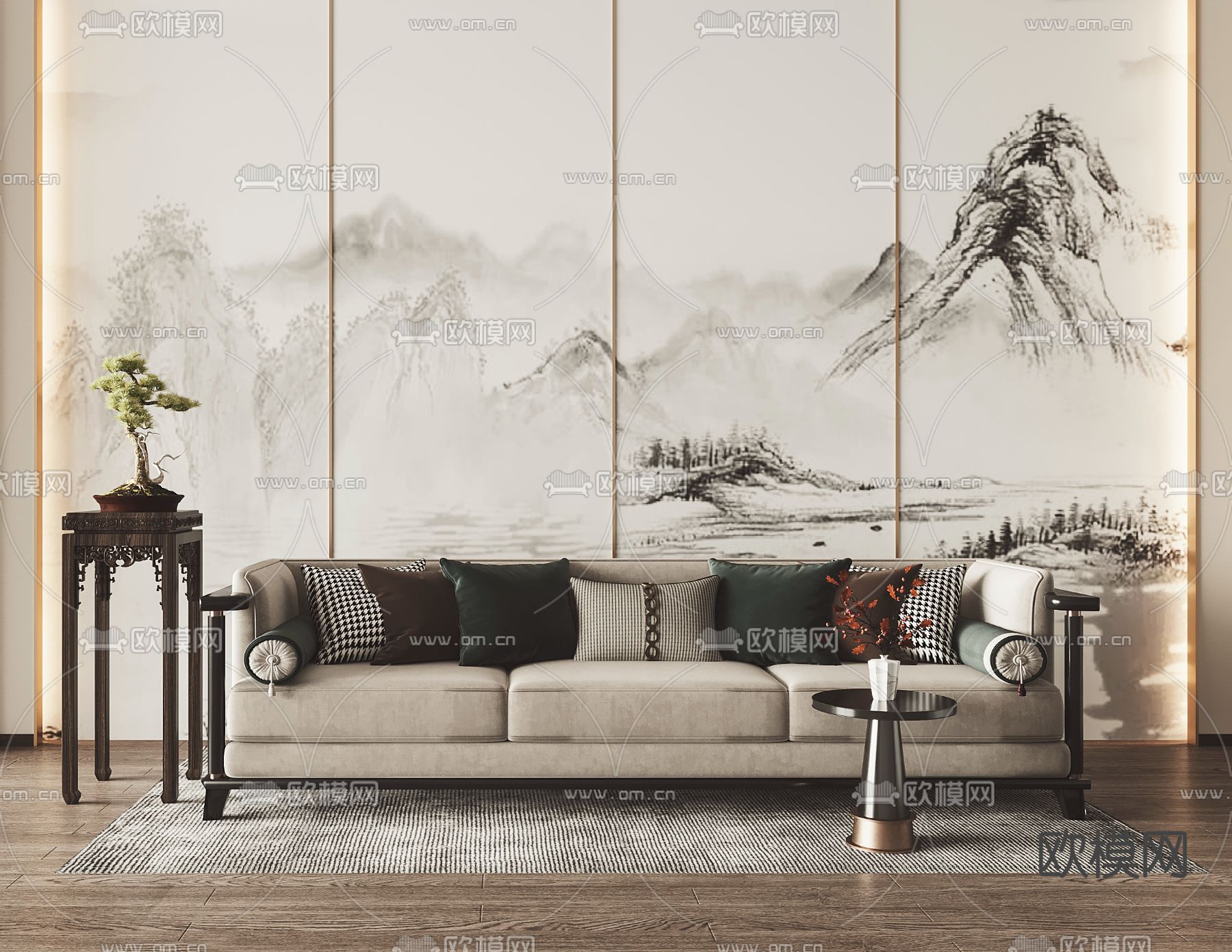 新中式多人沙发su模型下载（渲染图1）