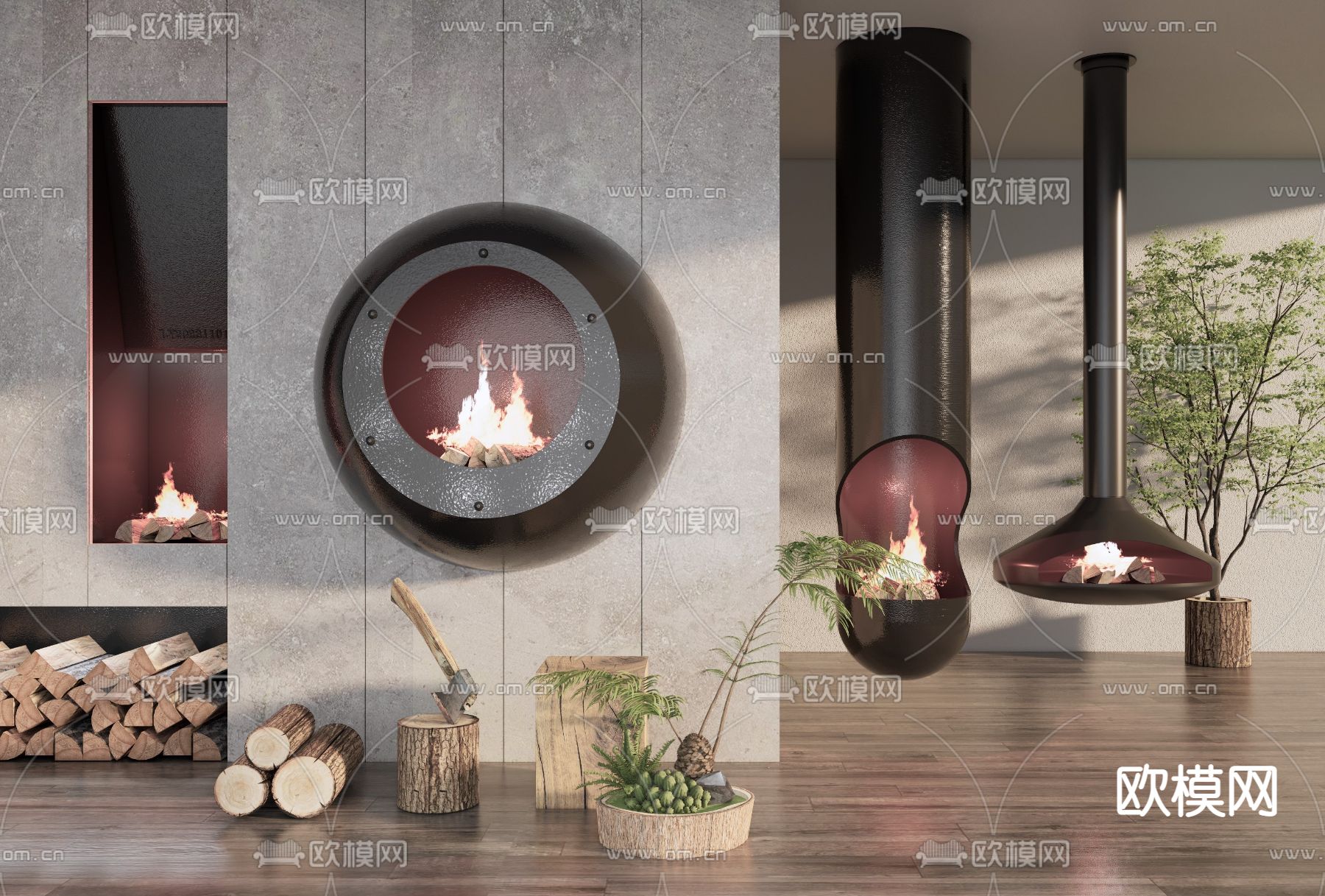 现代壁炉 柴火su模型下载（渲染图1）