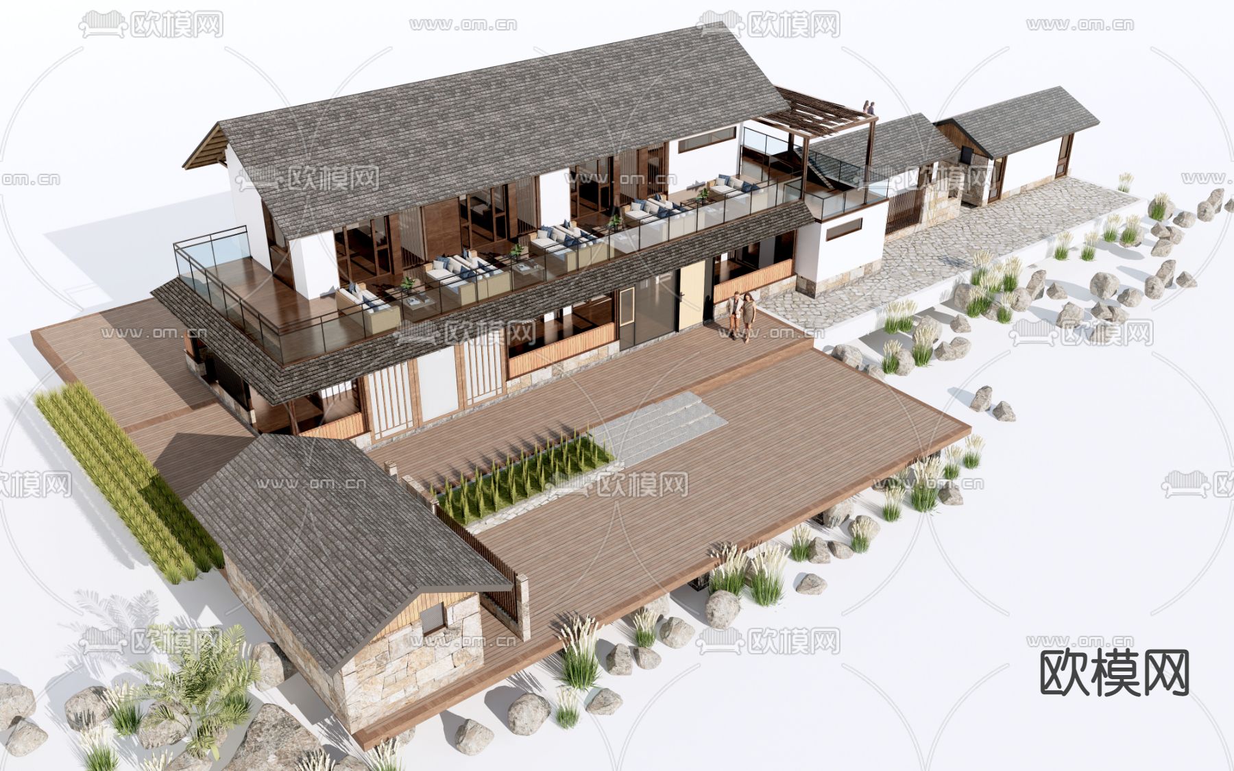 新中式民宿 客栈鸟瞰su模型下载（渲染图1）