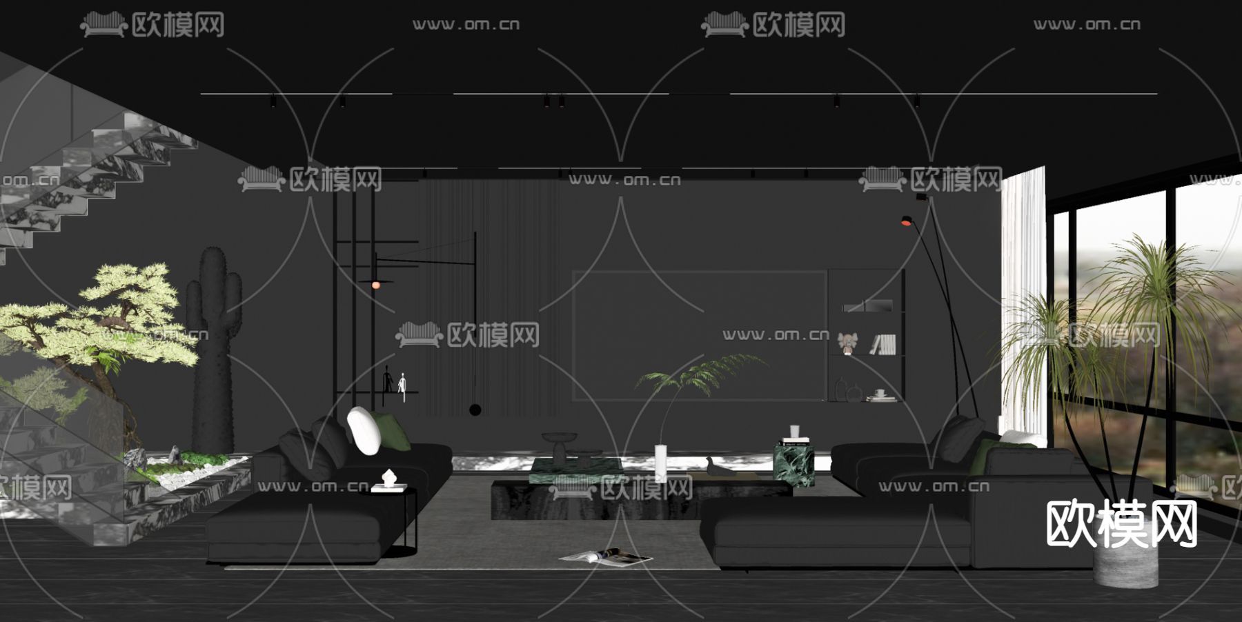 暗黑风客厅su模型下载（渲染图2）
