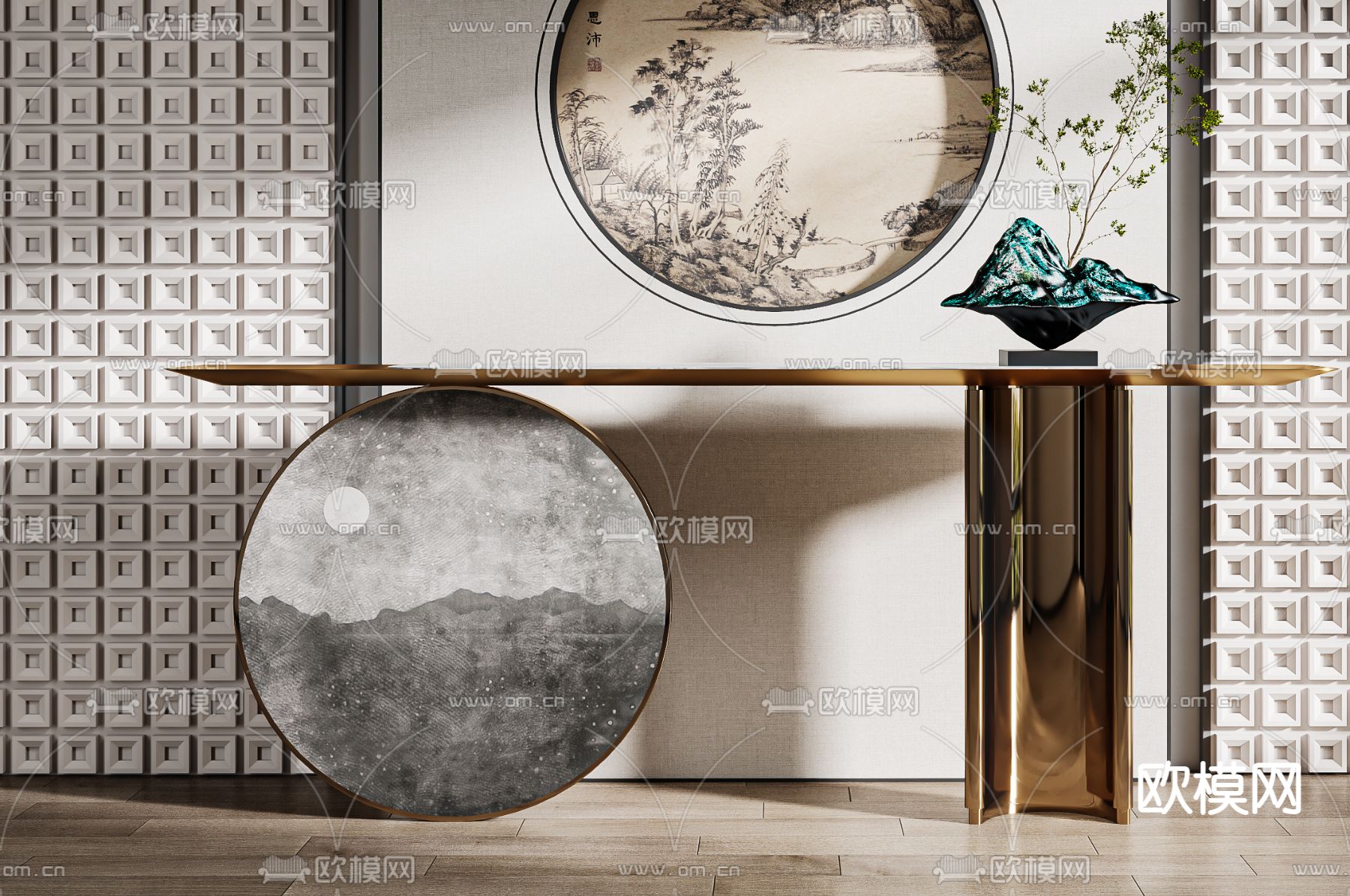 新中式端景台 条案3d模型下载（渲染图3）