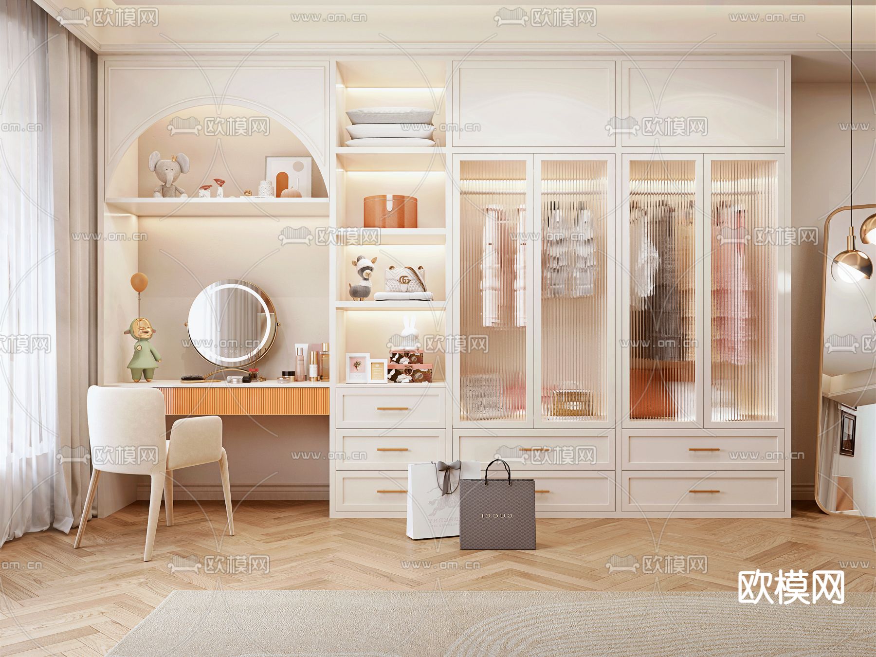 简欧衣柜 一体式衣橱su模型下载（渲染图1）