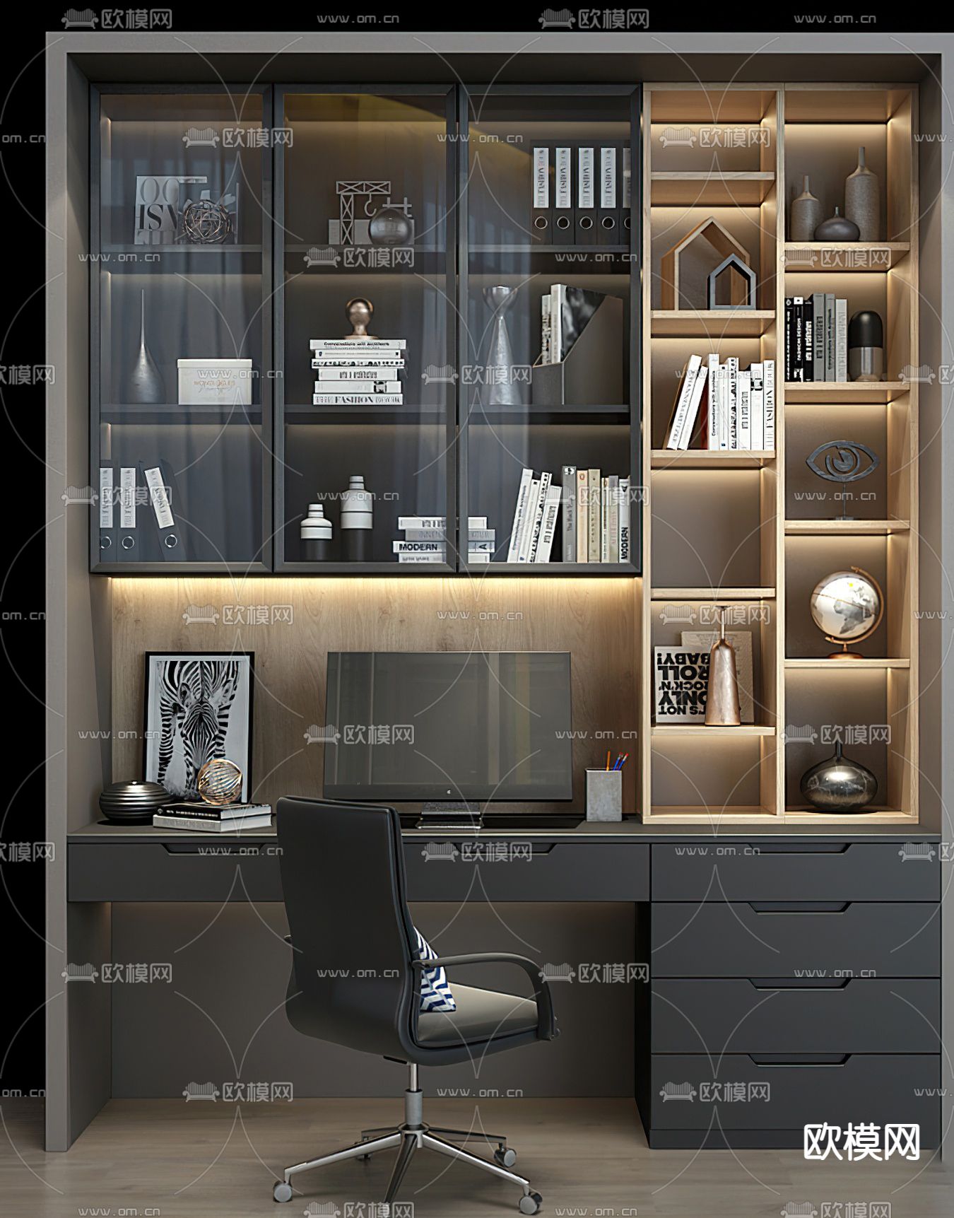 现代一体式书桌书柜su模型下载_ID13028636_sketchup模型下载-欧模网