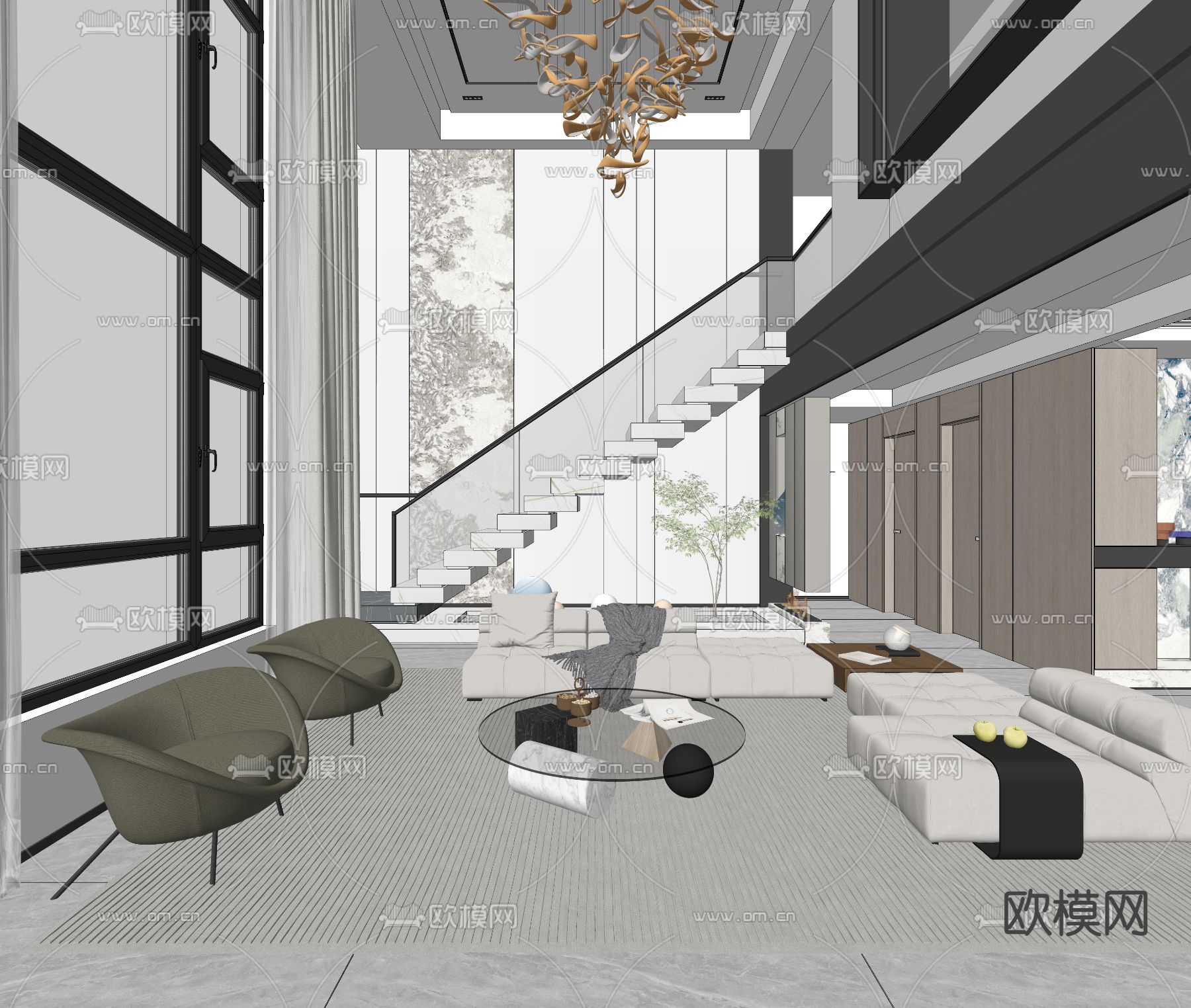 现代别墅大堂餐厅su模型下载（渲染图3）