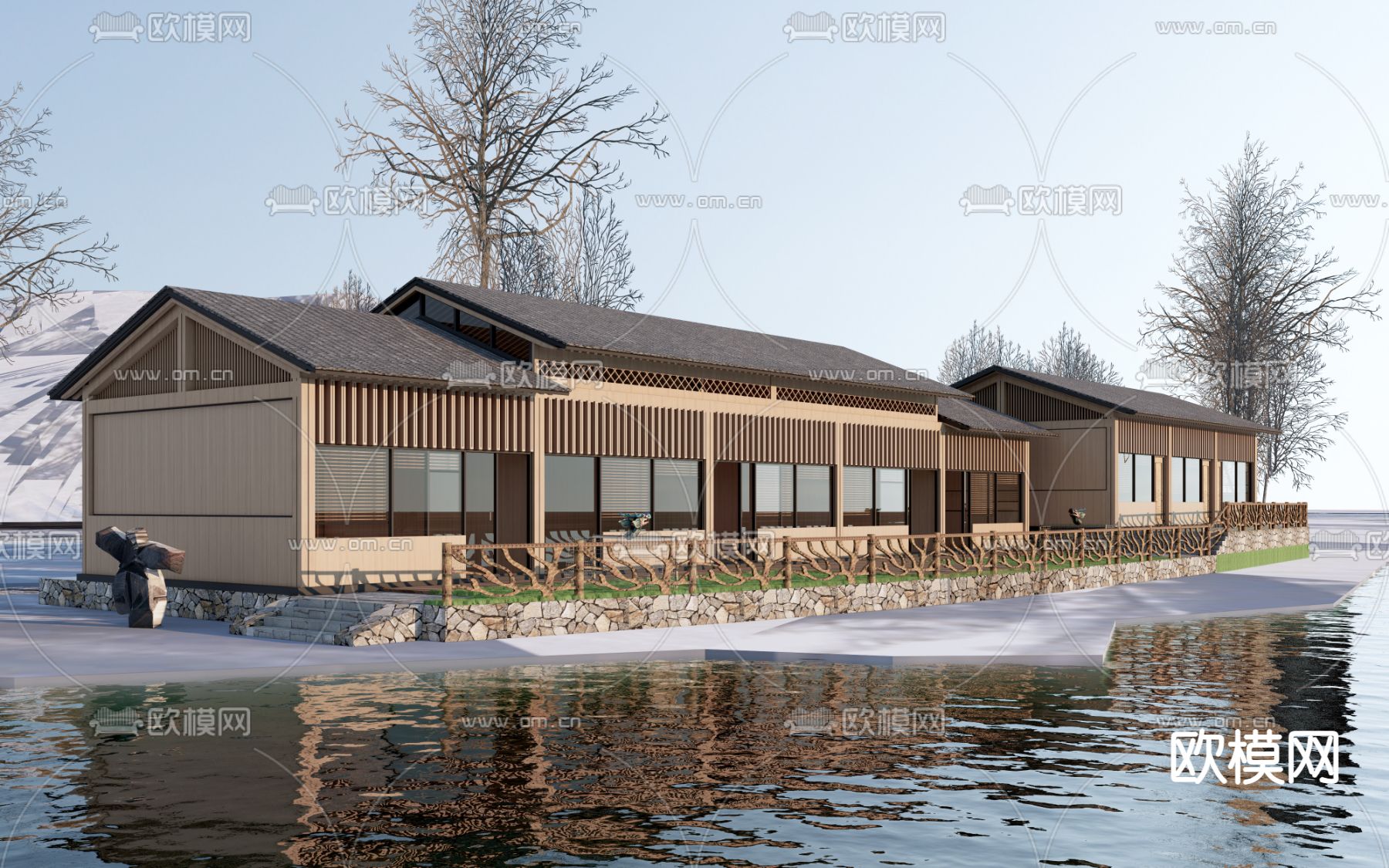 新中式 接待中心外观su模型下载（渲染图1）