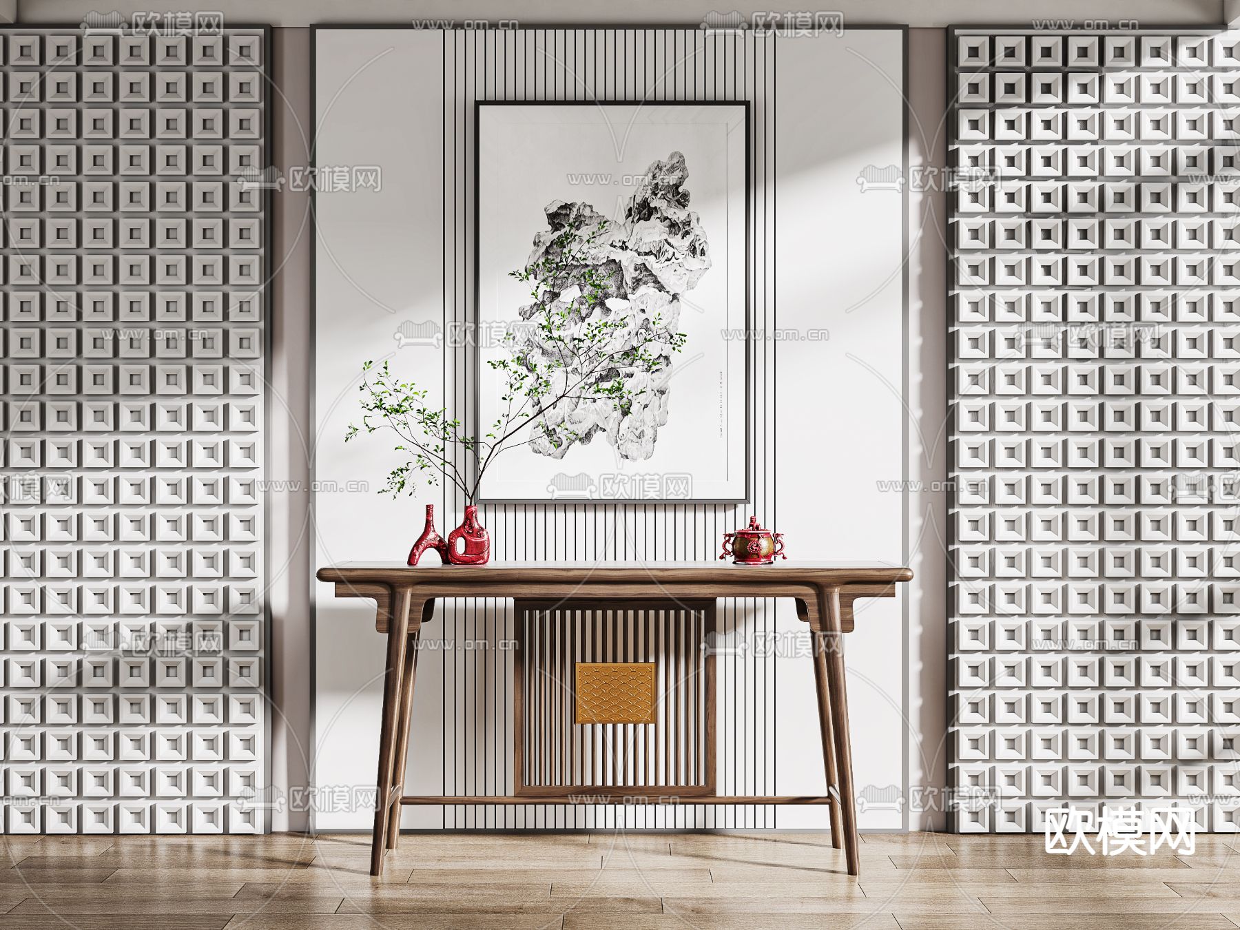 新中式端景台 条案3d模型下载