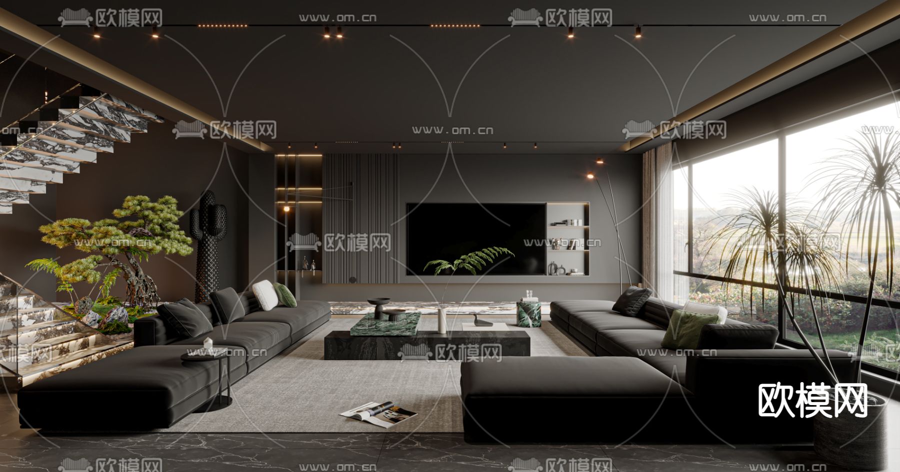 暗黑风客厅su模型下载（渲染图1）