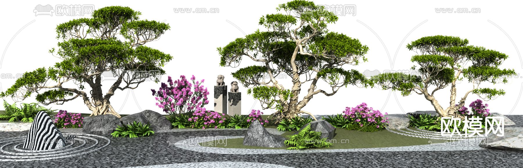 新中式松树 景观树 迎客松 石头狮柱su模型下载（渲染图1）