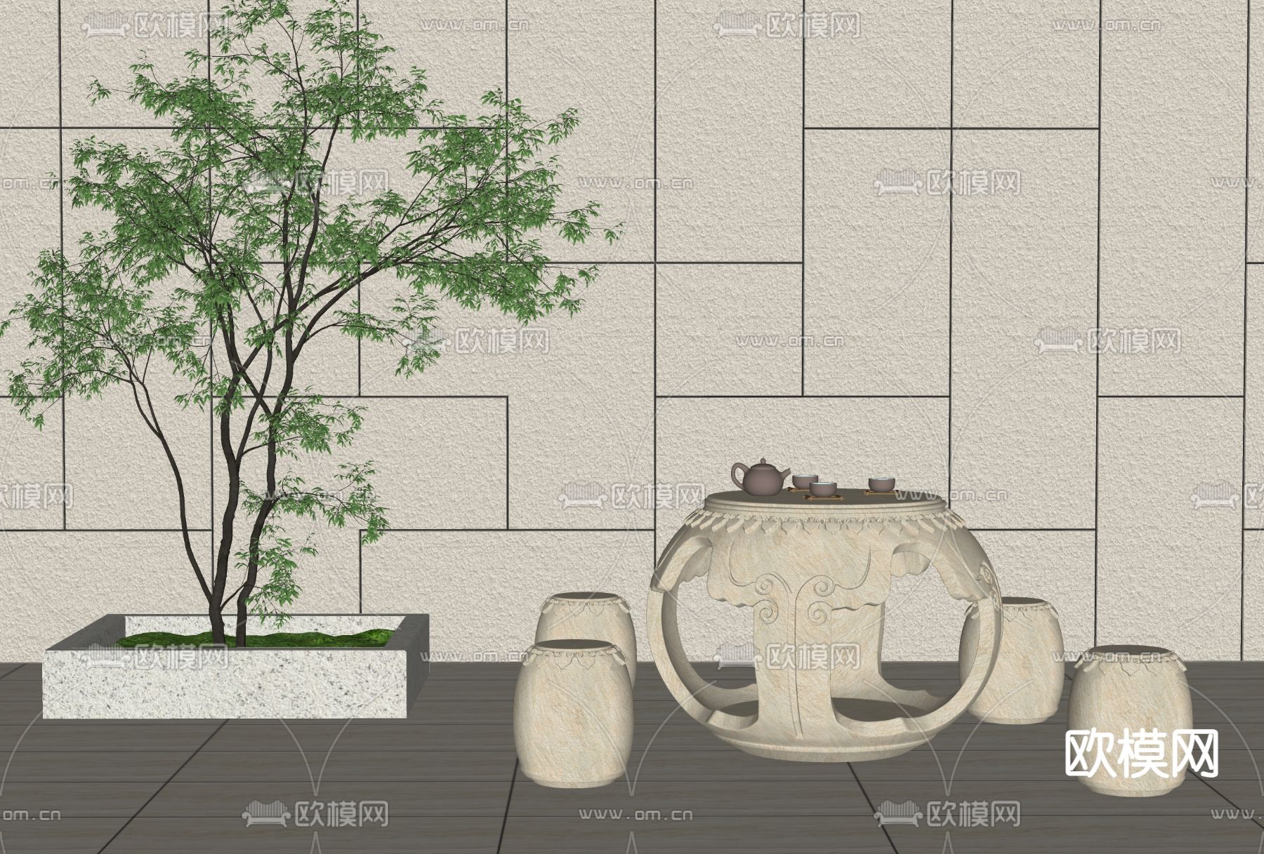现代石桌 石凳 户外桌椅su模型下载（渲染图2）