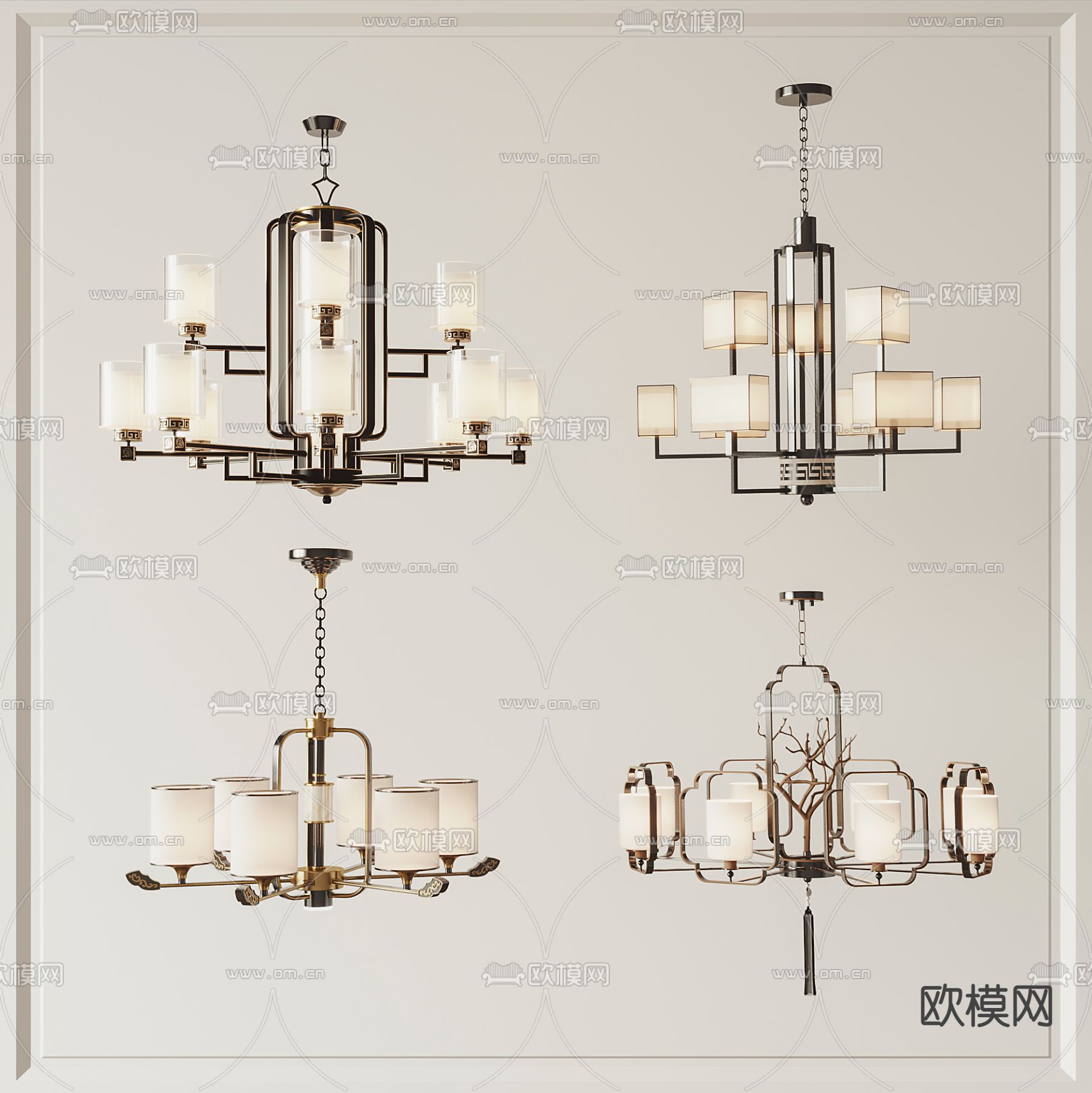 新中式金属多头吊灯su模型下载（渲染图1）
