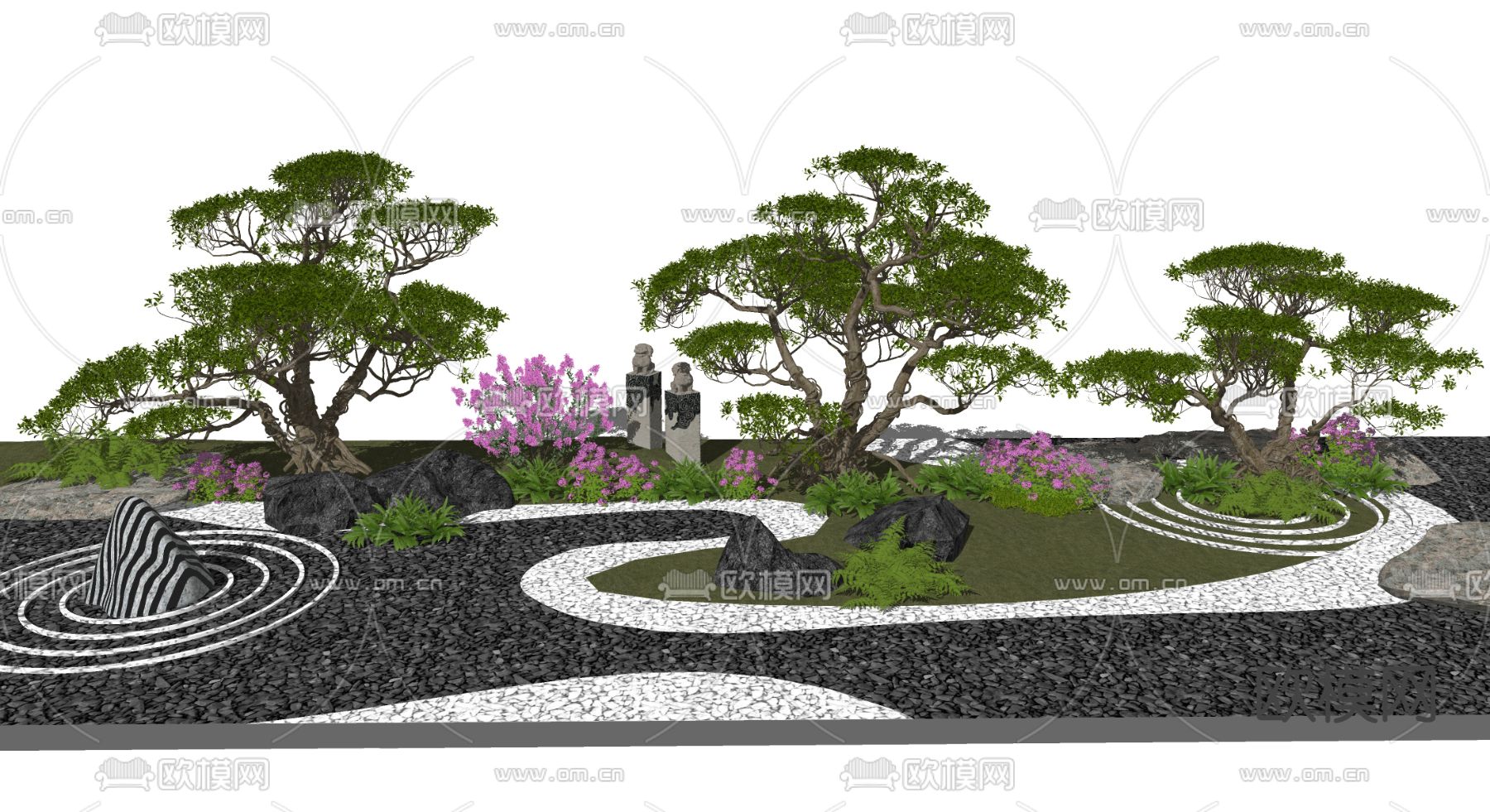 新中式松树 景观树 迎客松 石头狮柱su模型下载（渲染图2）