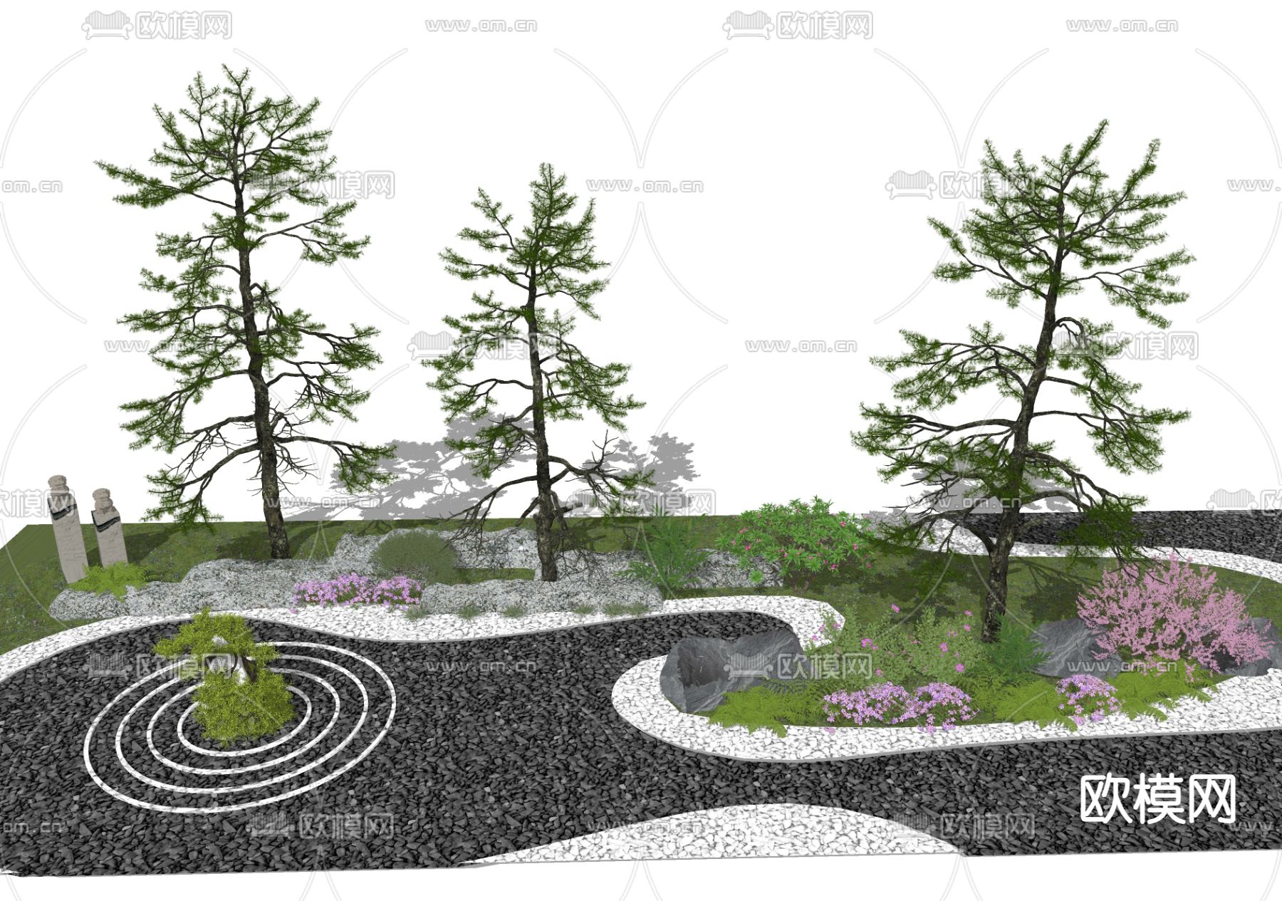 新中式松树 景观树 迎客松 石头狮柱su模型下载（渲染图2）