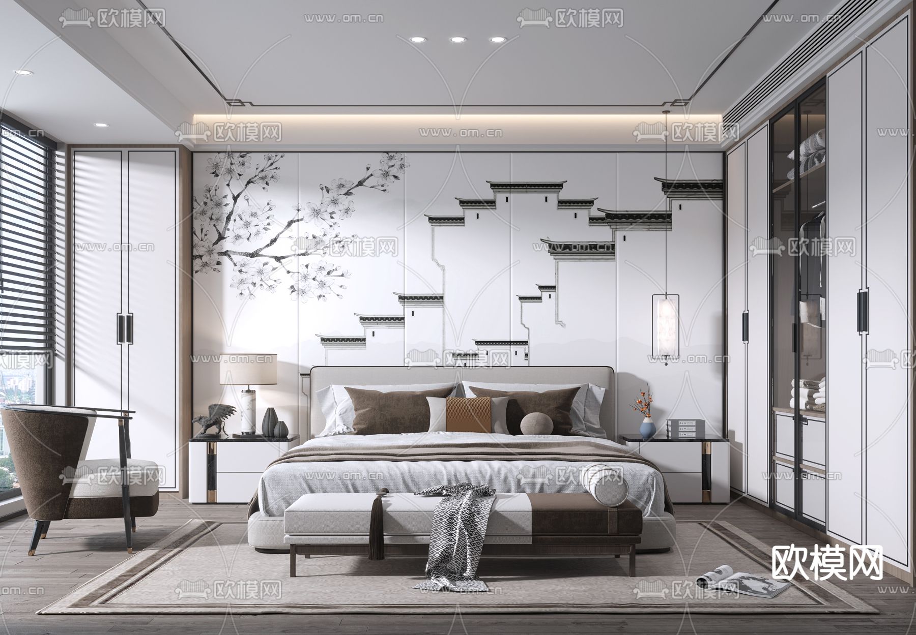 新中式卧室 主人房su模型下载（渲染图1）
