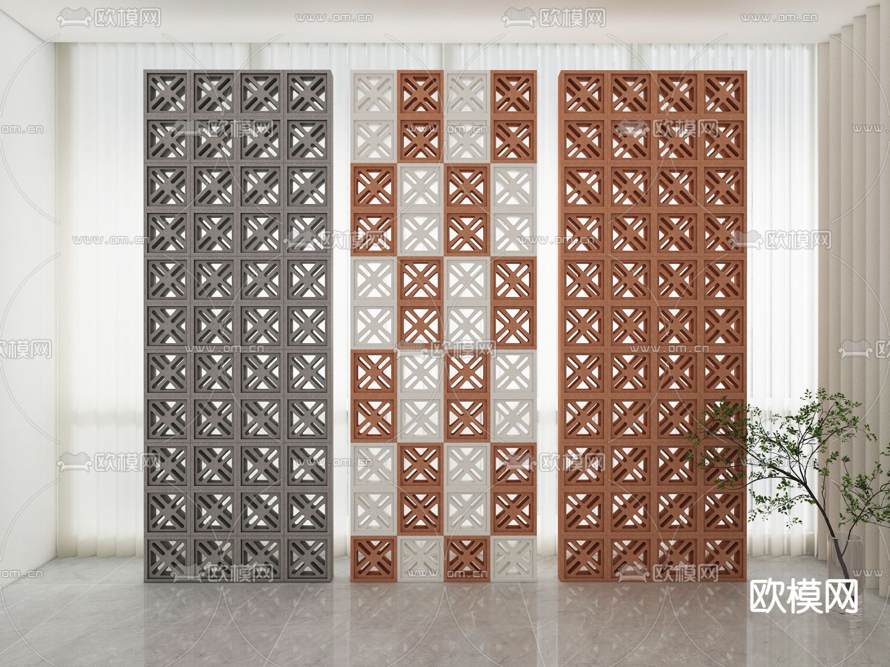 侘寂水泥砖隔断 隔墙su模型下载（渲染图1）