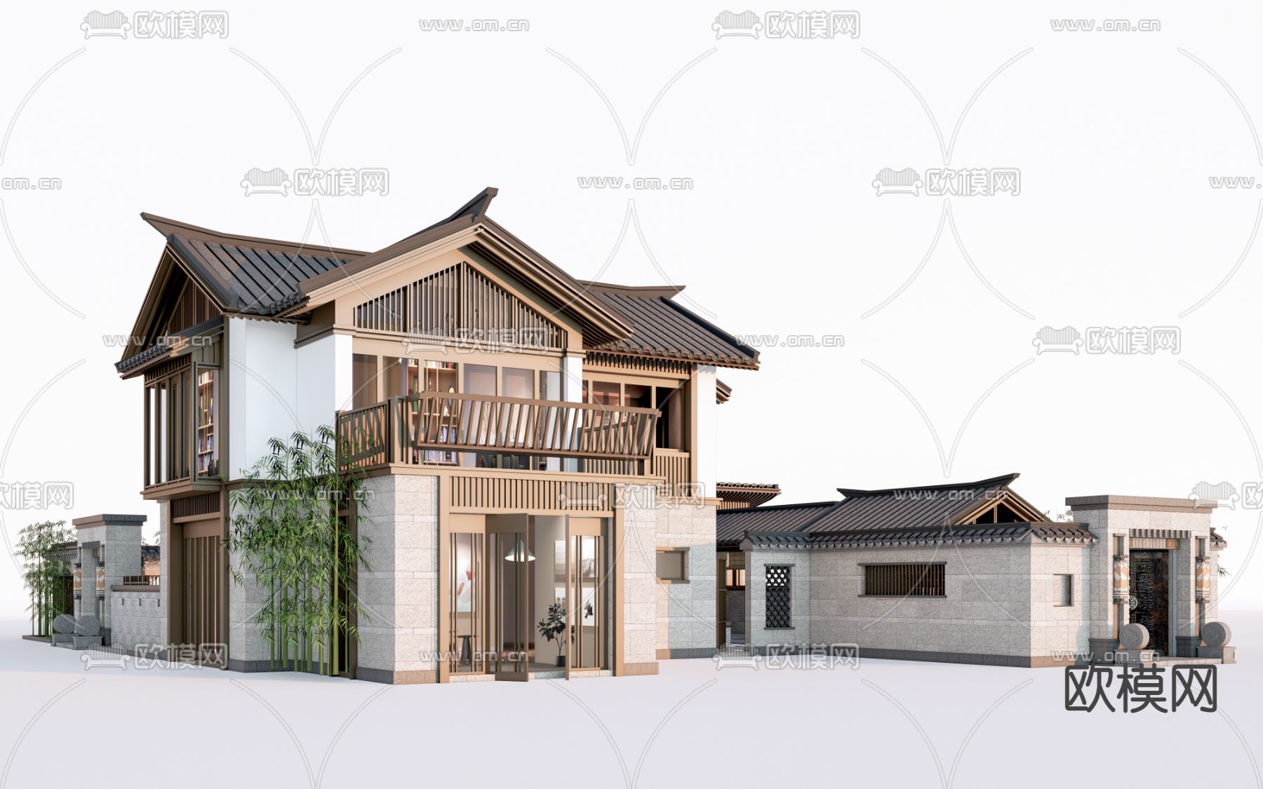 新中式民宿建筑外观su模型下载_ID13032460_sketchup模型下载-欧模网
