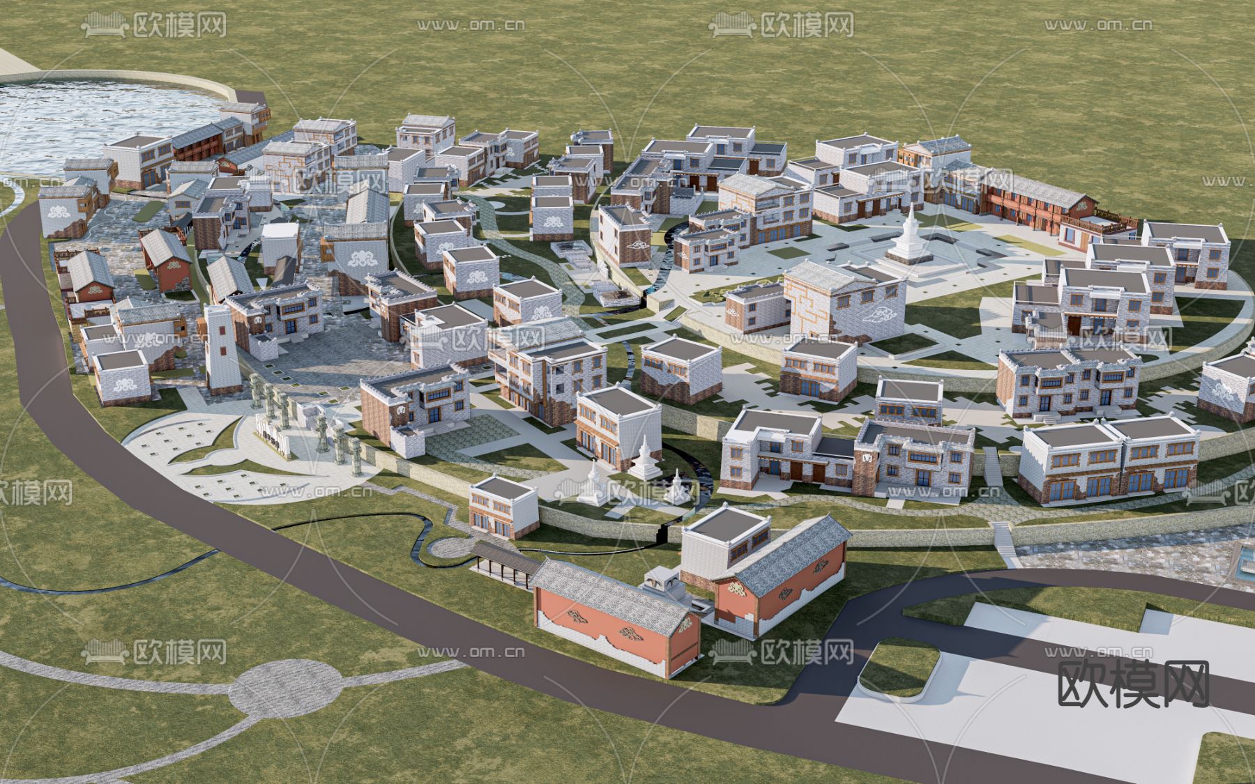 中式民宅 乡村鸟瞰su模型下载（渲染图1）