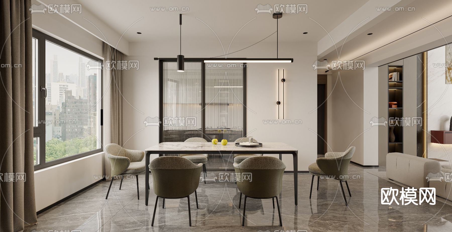 现代别墅大堂餐厅su模型下载（渲染图1）