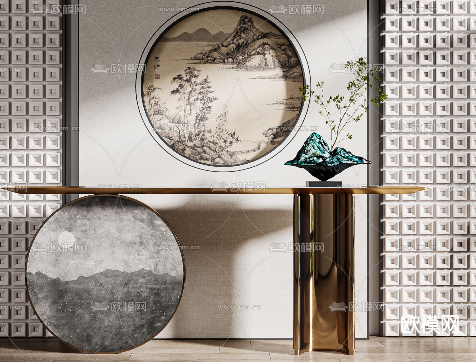 新中式端景台 条案3d模型下载（渲染图4）