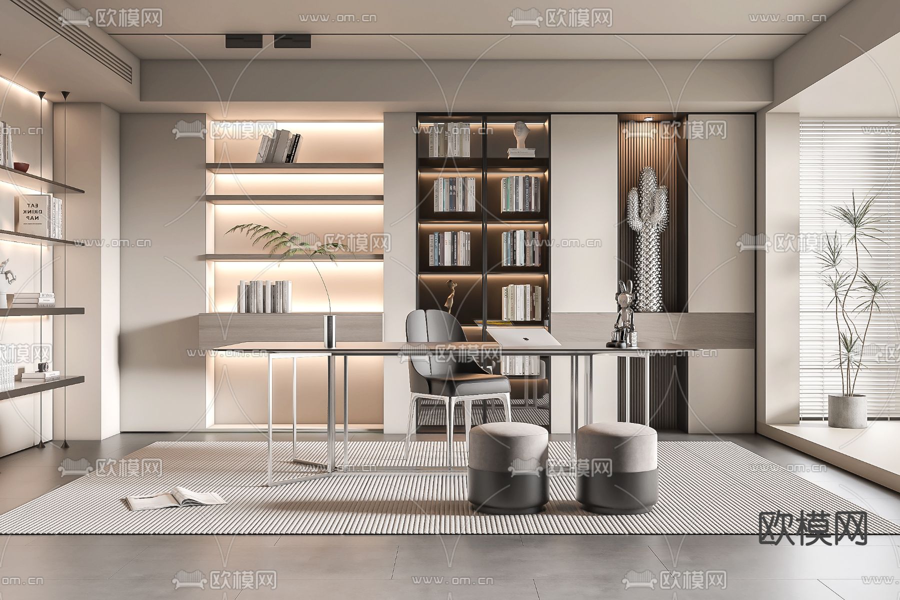 奶油风书房3d模型下载