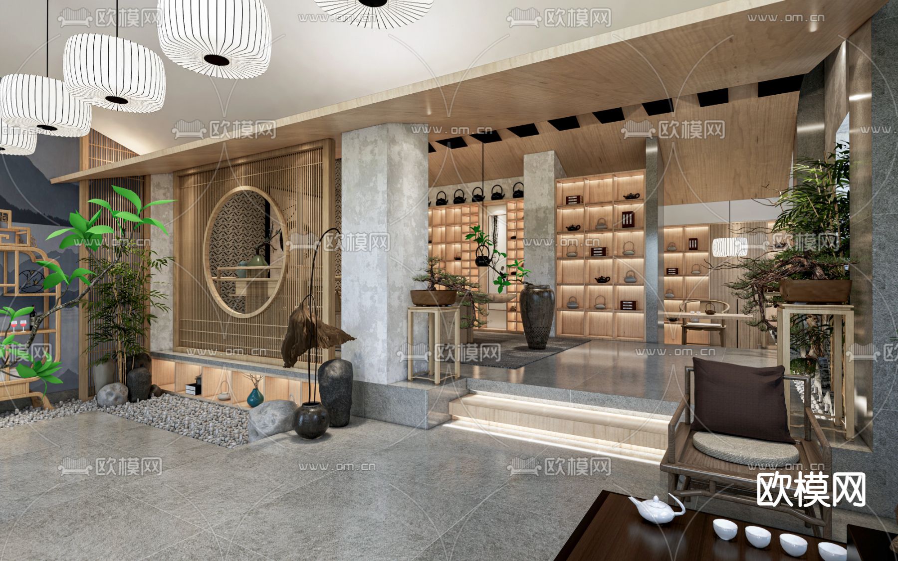 新中式茶文化展厅su模型下载（渲染图1）