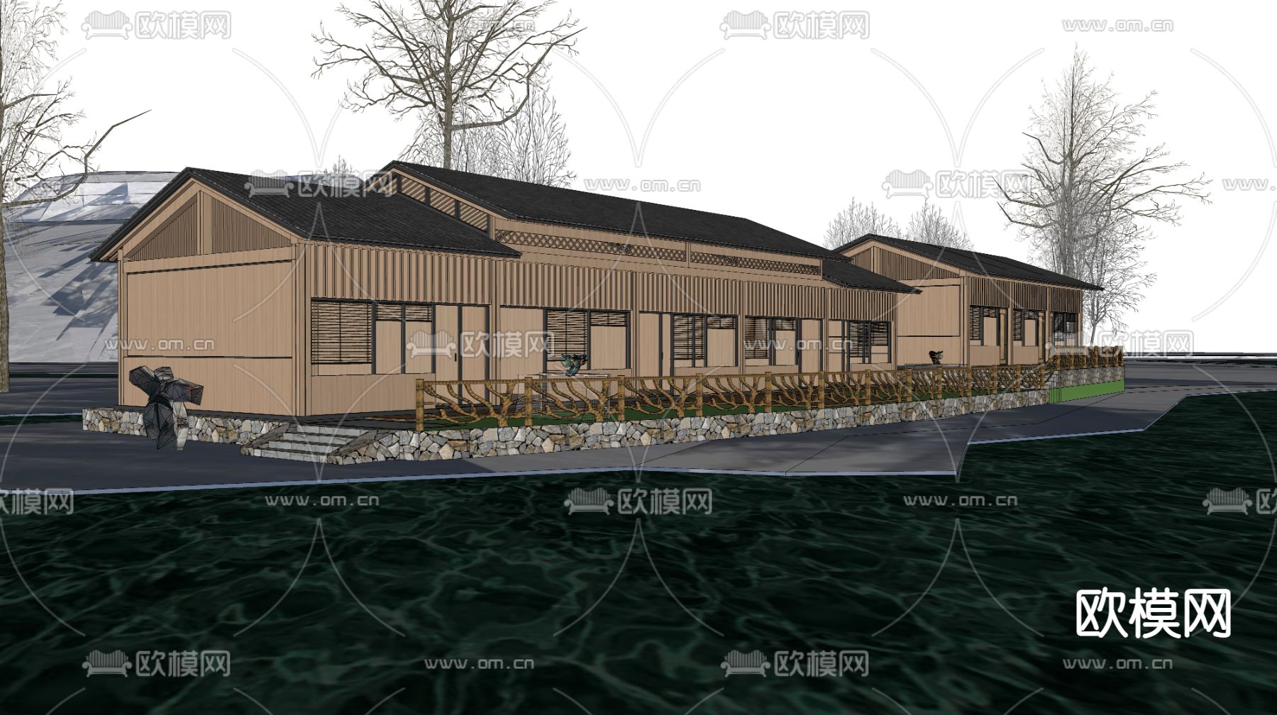 新中式 接待中心外观su模型下载（渲染图3）