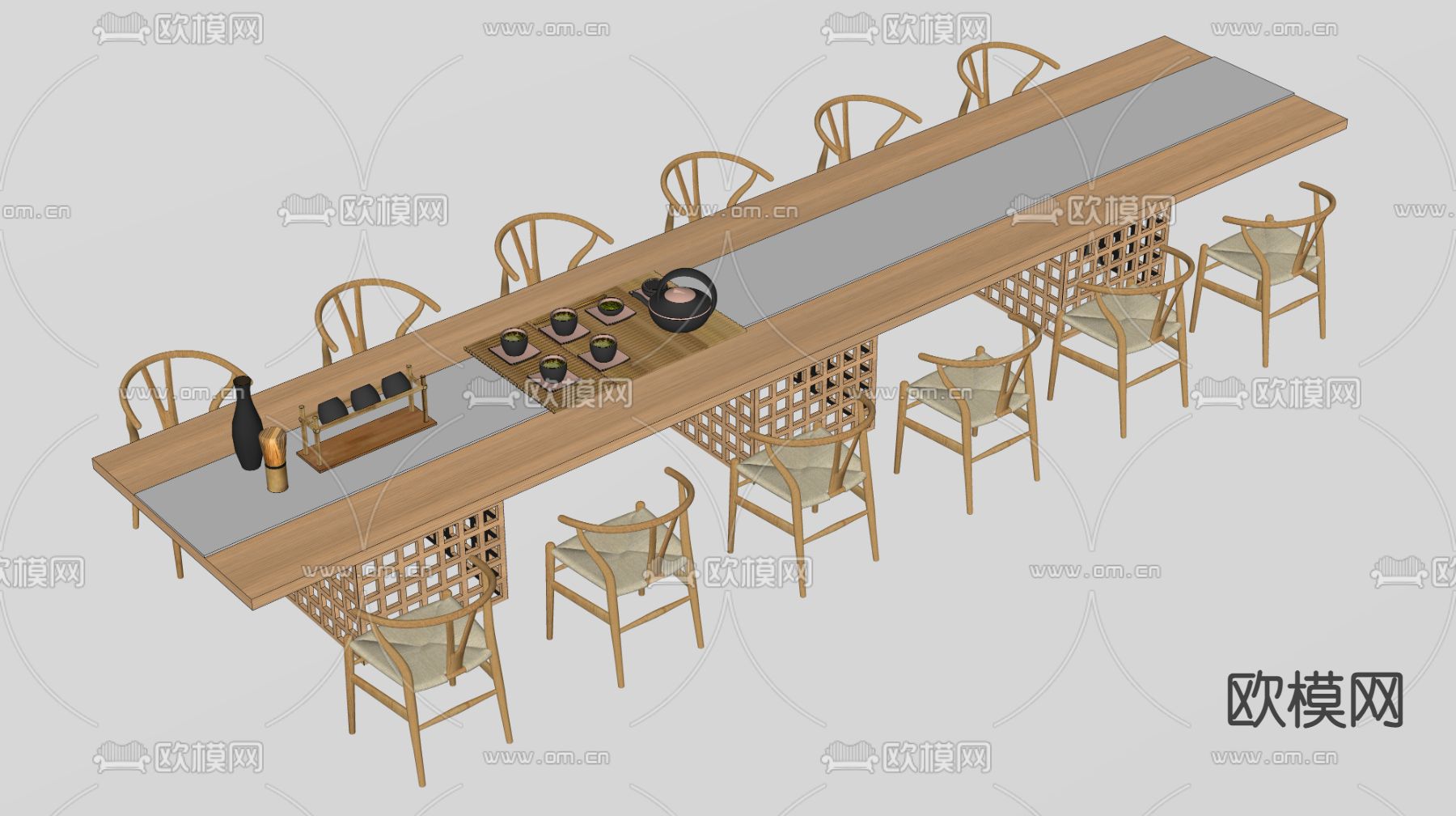 新中式会议桌 长会议台su模型下载（渲染图3）