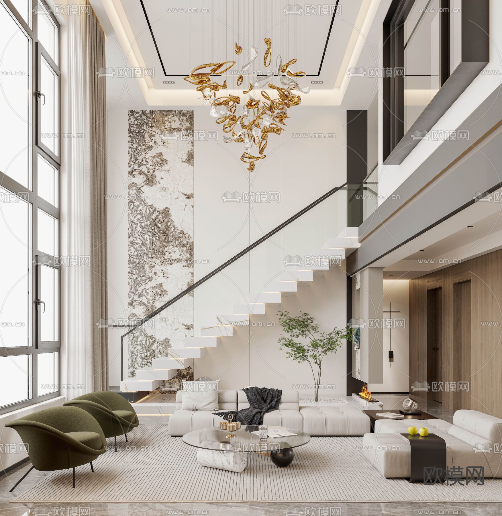 现代别墅大堂餐厅su模型下载（渲染图2）