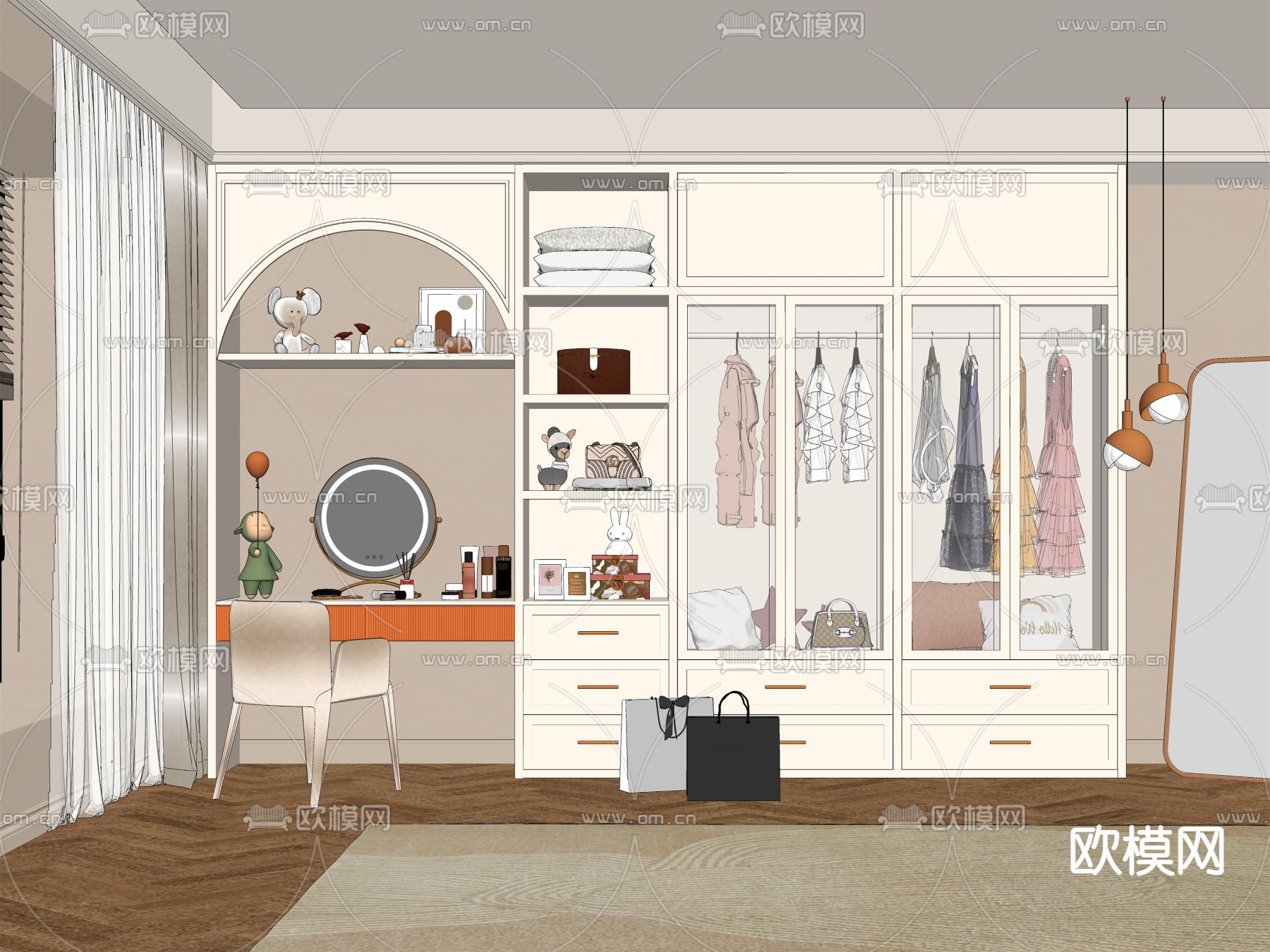 简欧衣柜 一体式衣橱su模型下载（渲染图2）