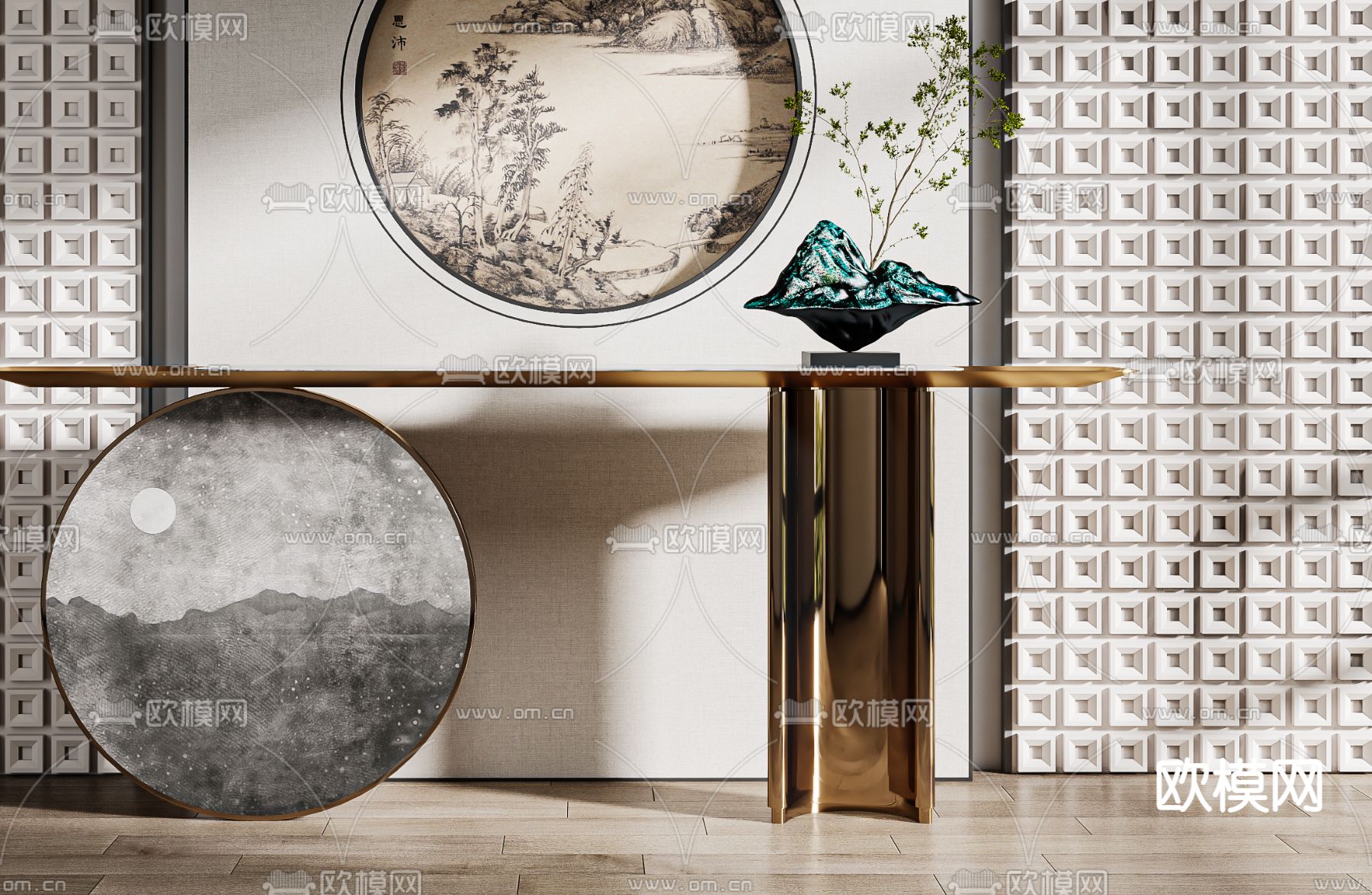 新中式端景台 条案3d模型下载（渲染图2）