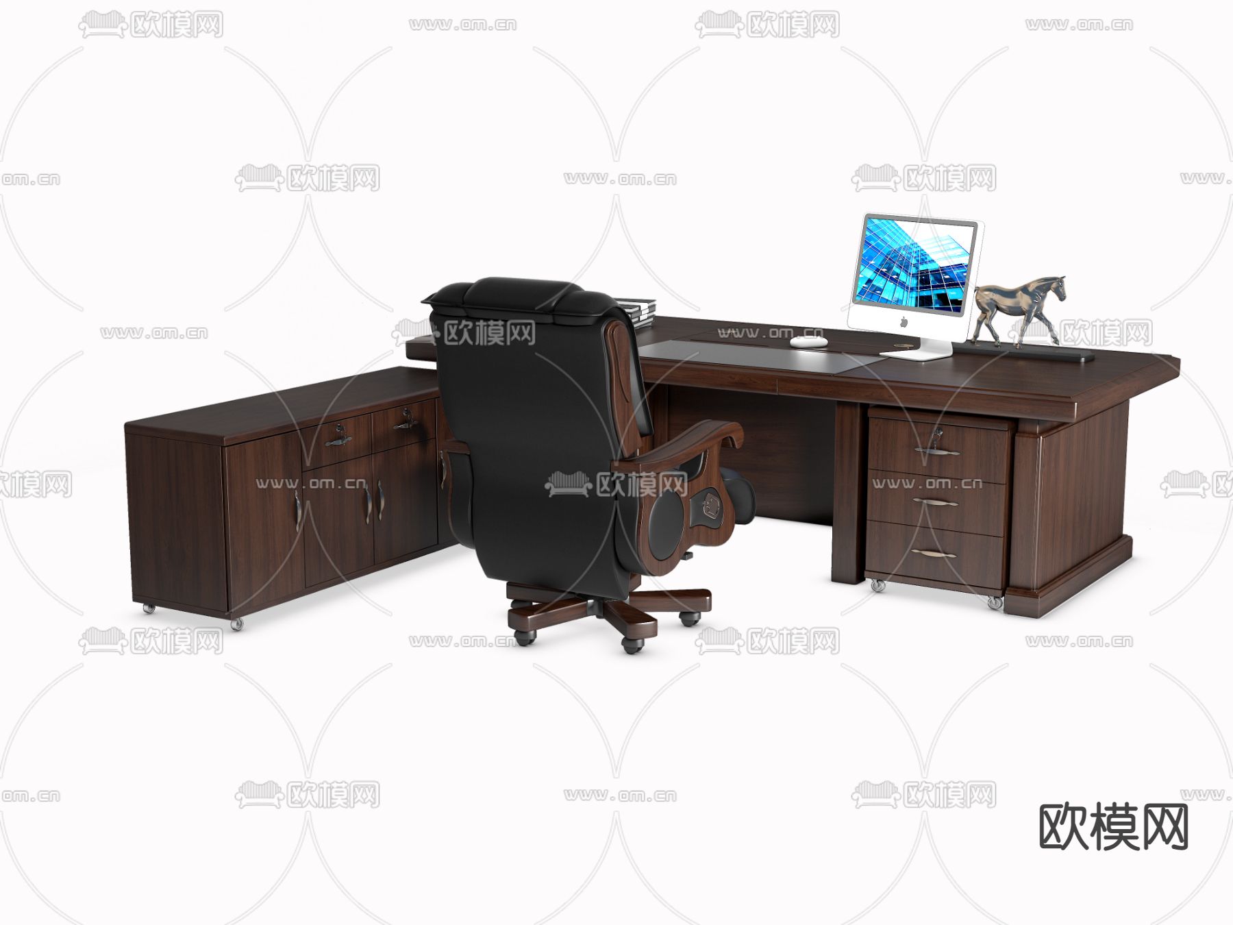 新中式办公桌椅 班台桌椅3d模型下载（渲染图3）