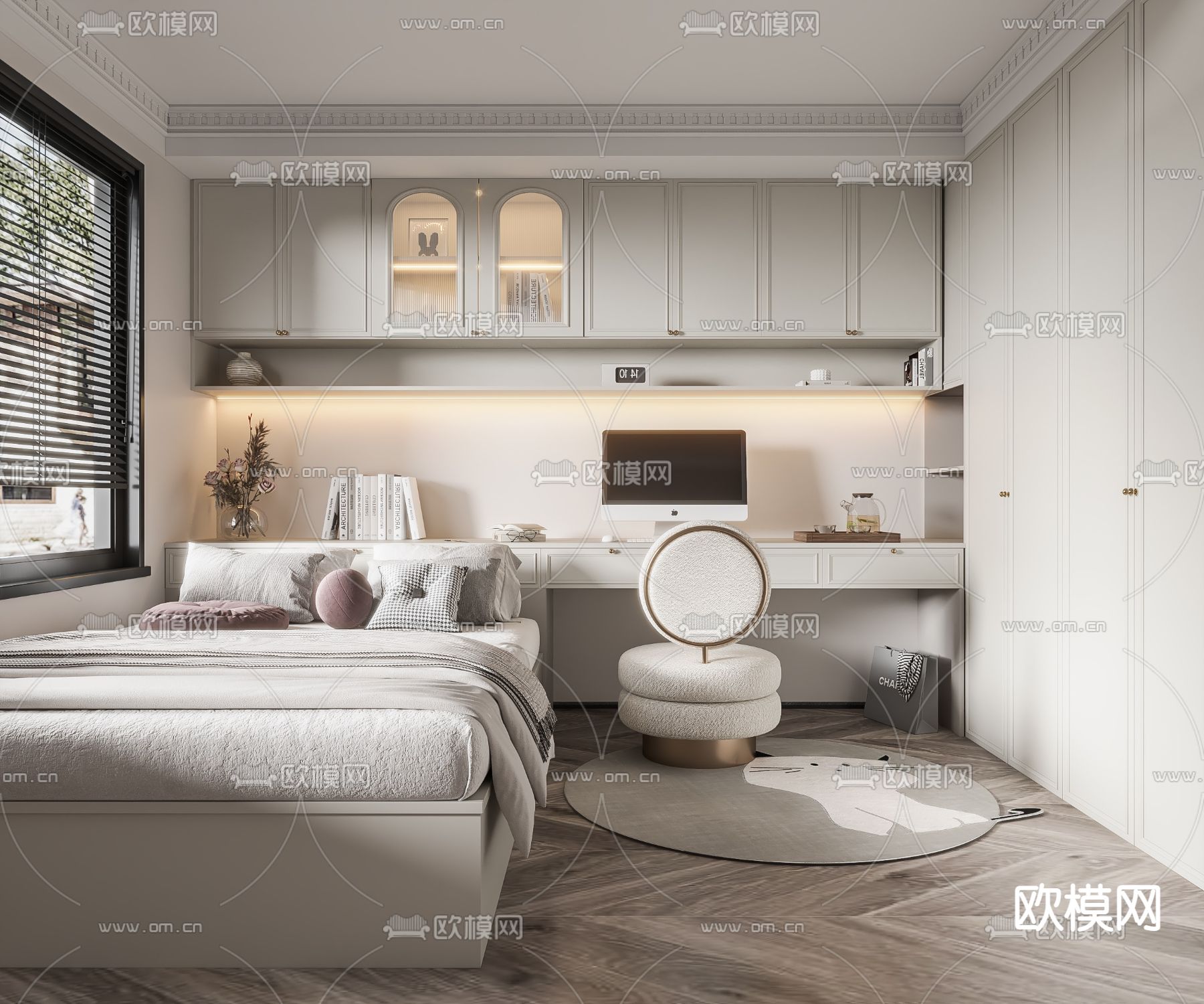 法式榻榻米卧室su模型下载（渲染图1）