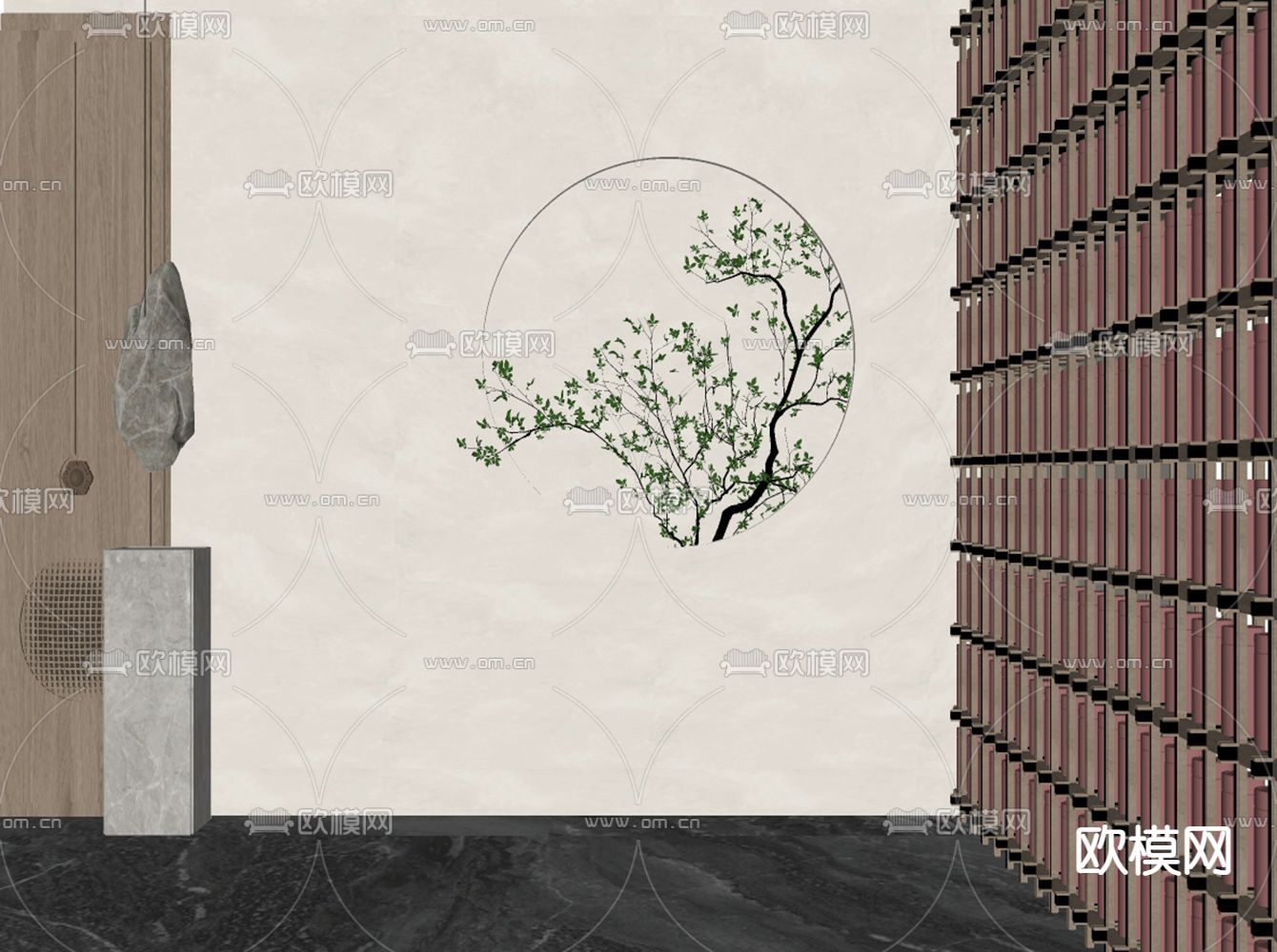 侘寂风玄关背景墙su模型下载（渲染图2）