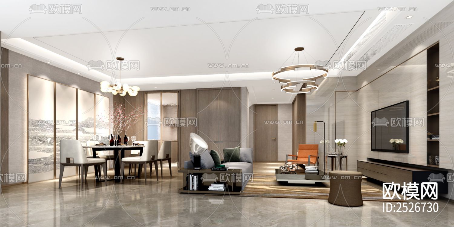 现代家装大平层CAD施工图下载（渲染图3）