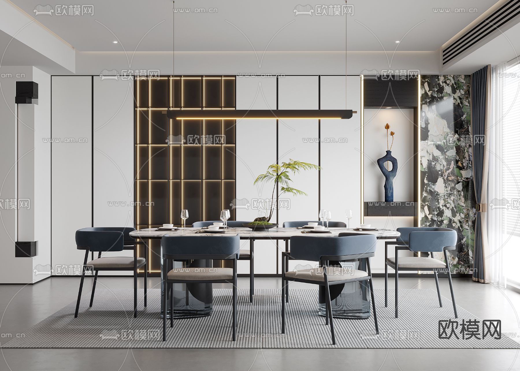 新中式餐厅su模型下载_ID13029275_sketchup模型下载-欧模网