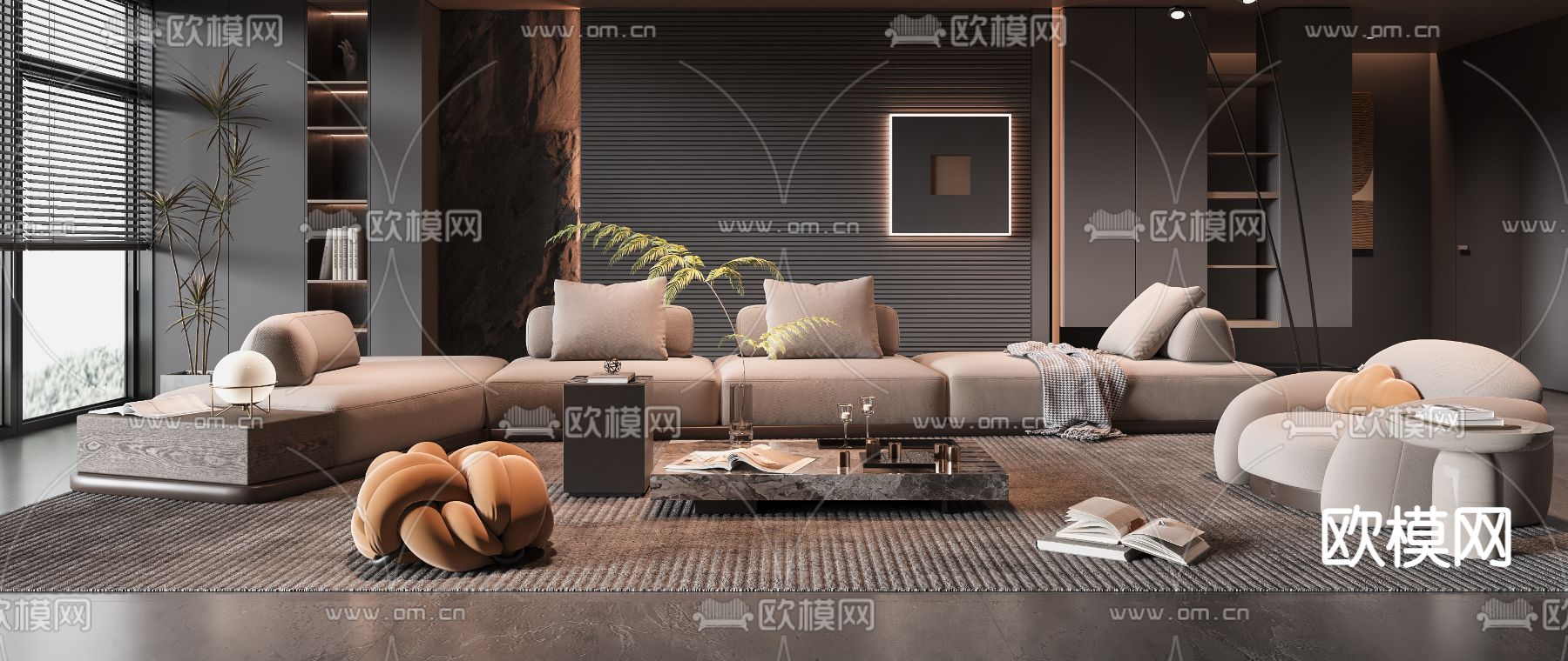 暗黑风客厅3d模型下载（渲染图2）
