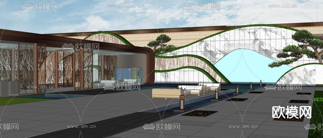 新中式示范区景观su模型下载（渲染图4）