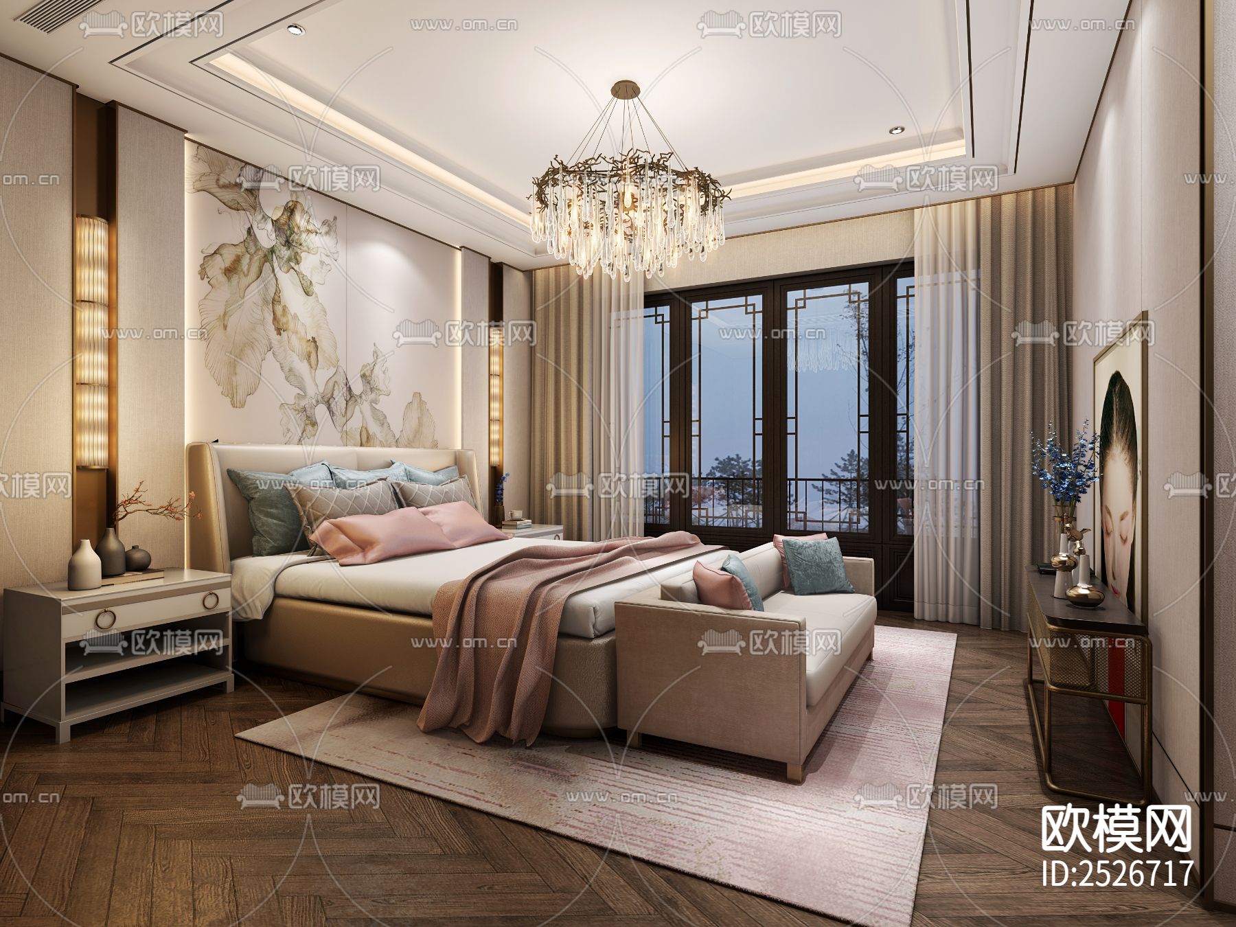 新中式家装大平层CAD施工图下载（渲染图5）