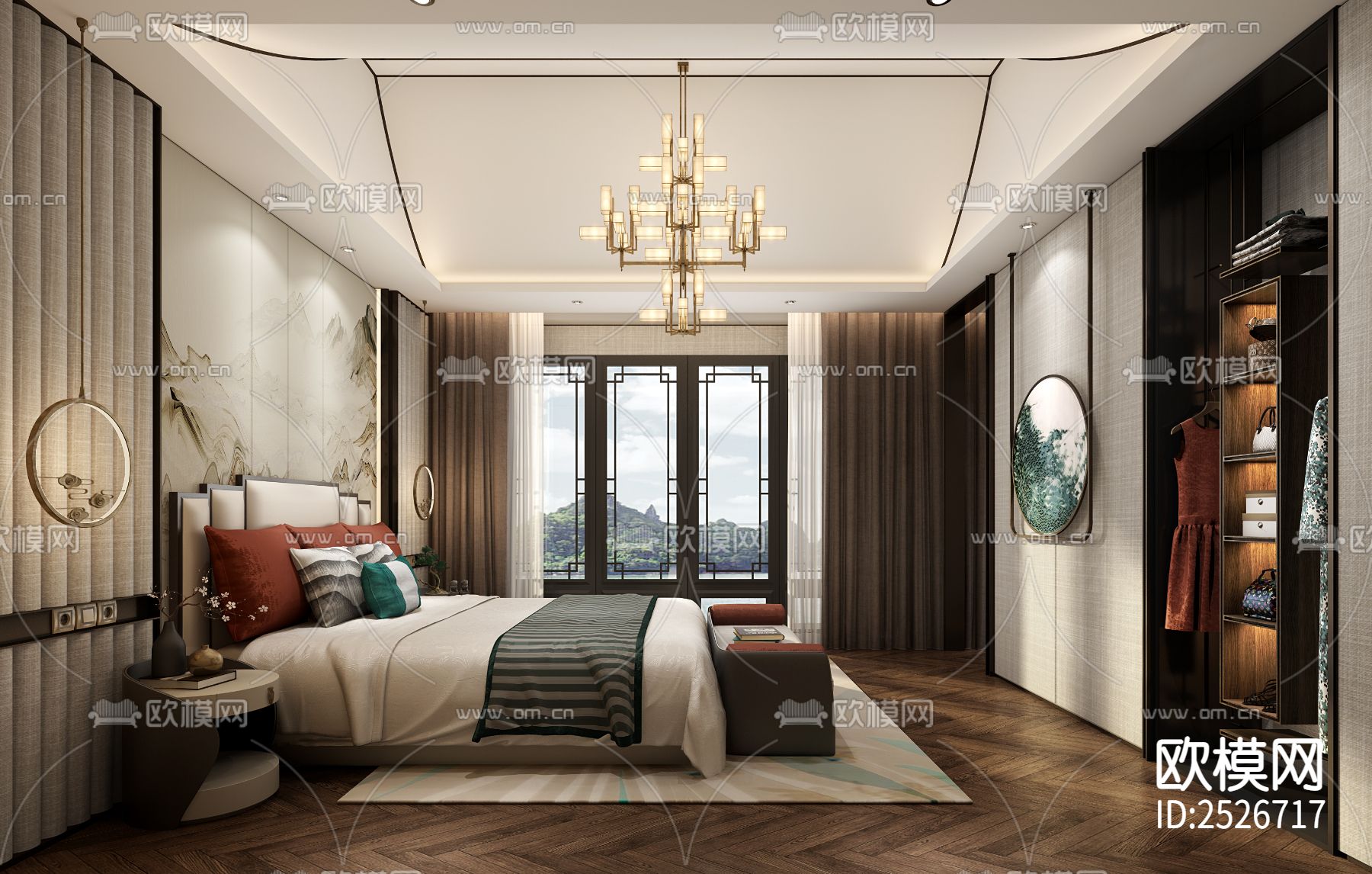 新中式家装大平层CAD施工图下载（渲染图2）