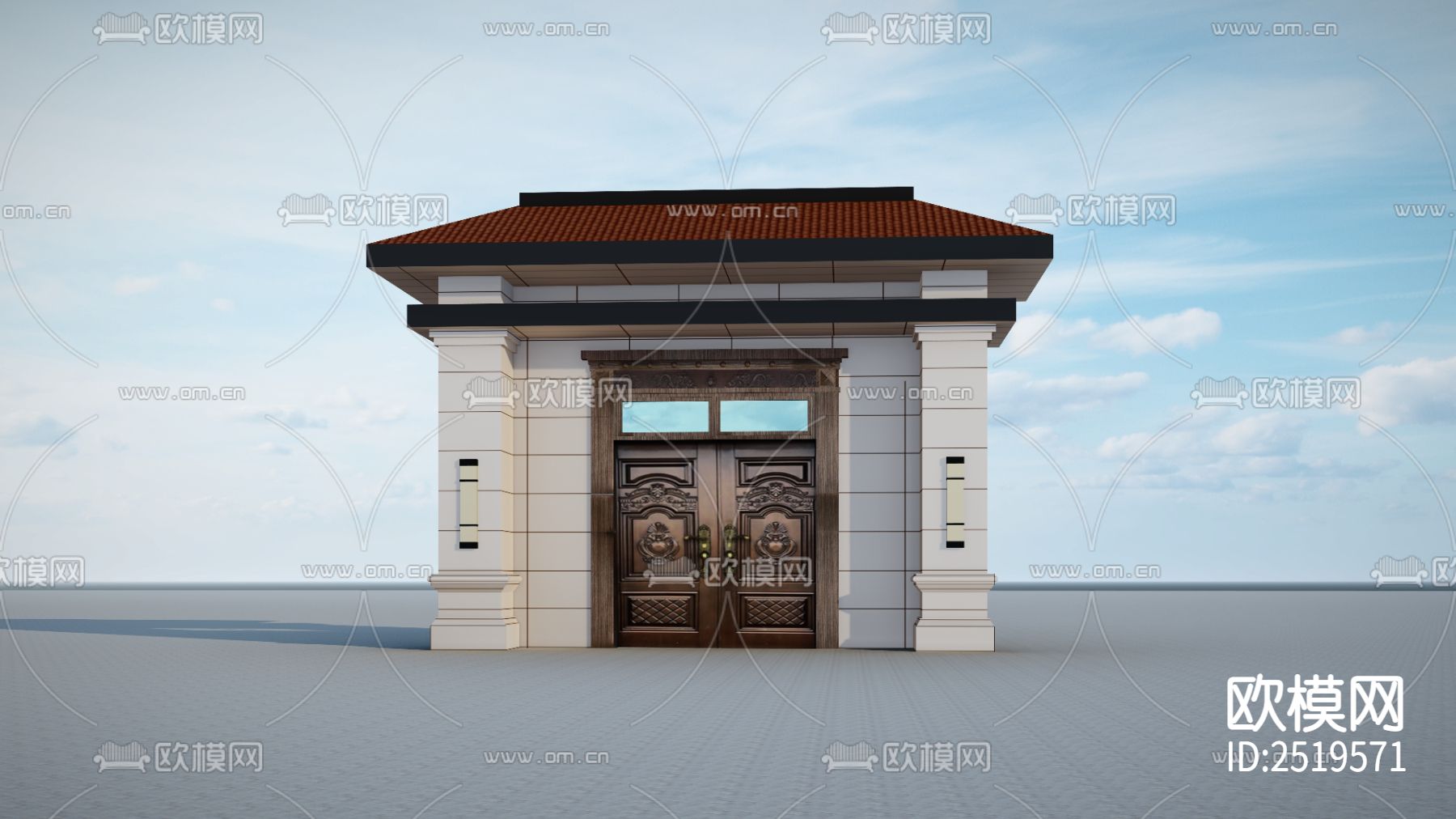 新中式门楼设计cad施工图下载（渲染图10）