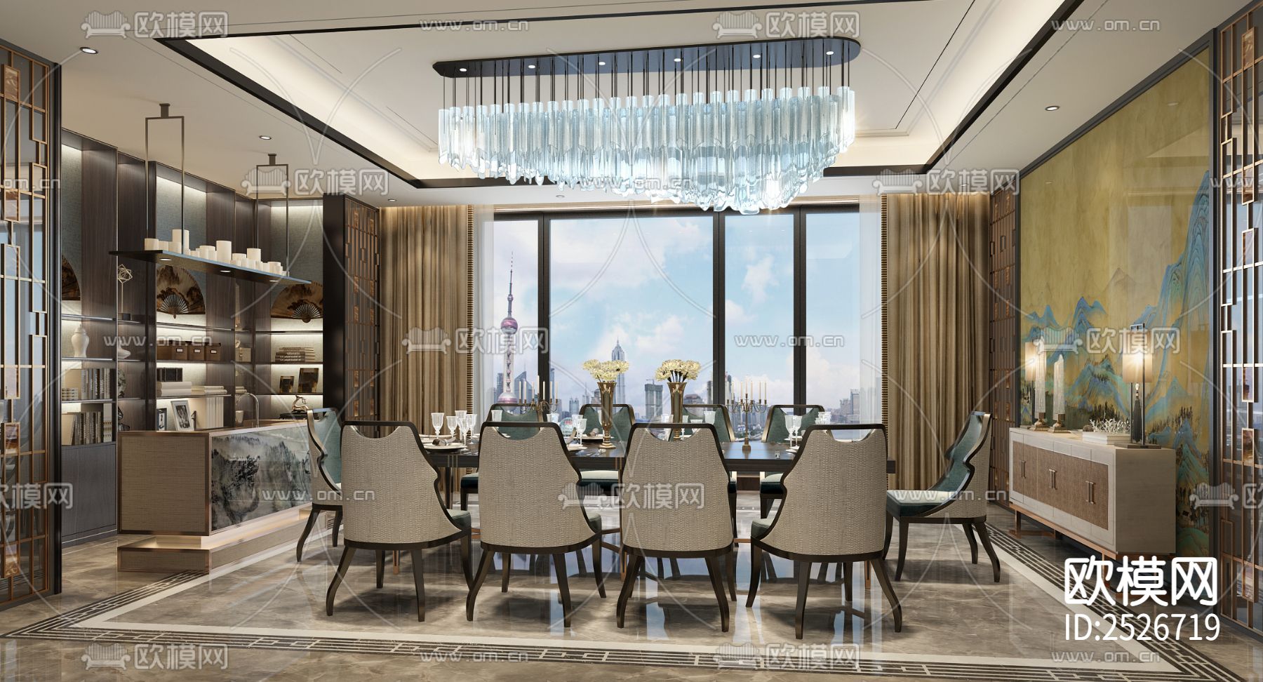 新中式家装大平层CAD施工图下载（渲染图3）