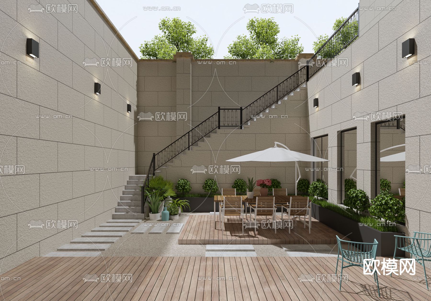 现代别墅下沉式庭院su模型下载