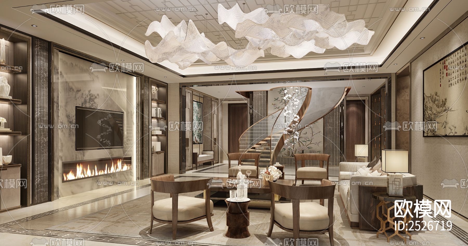 新中式家装大平层CAD施工图下载（渲染图4）