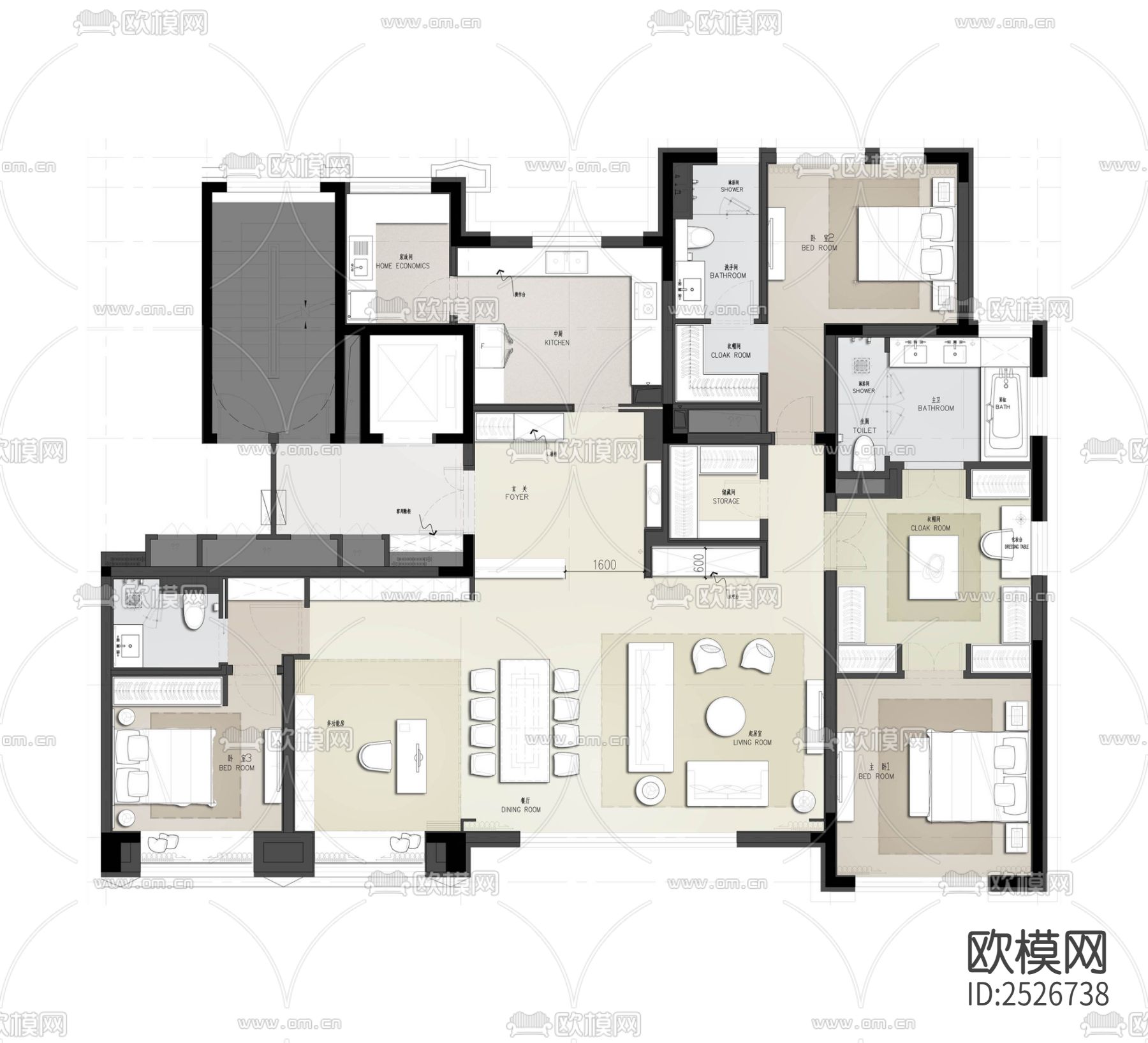 中式家装大平层CAD施工图下载（渲染图2）