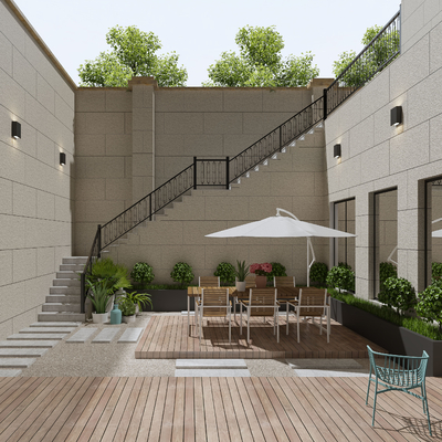  现代别墅下沉式庭院su模型 